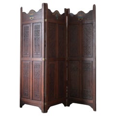 Antique A Three Fold Carved Mahogany Room Screen