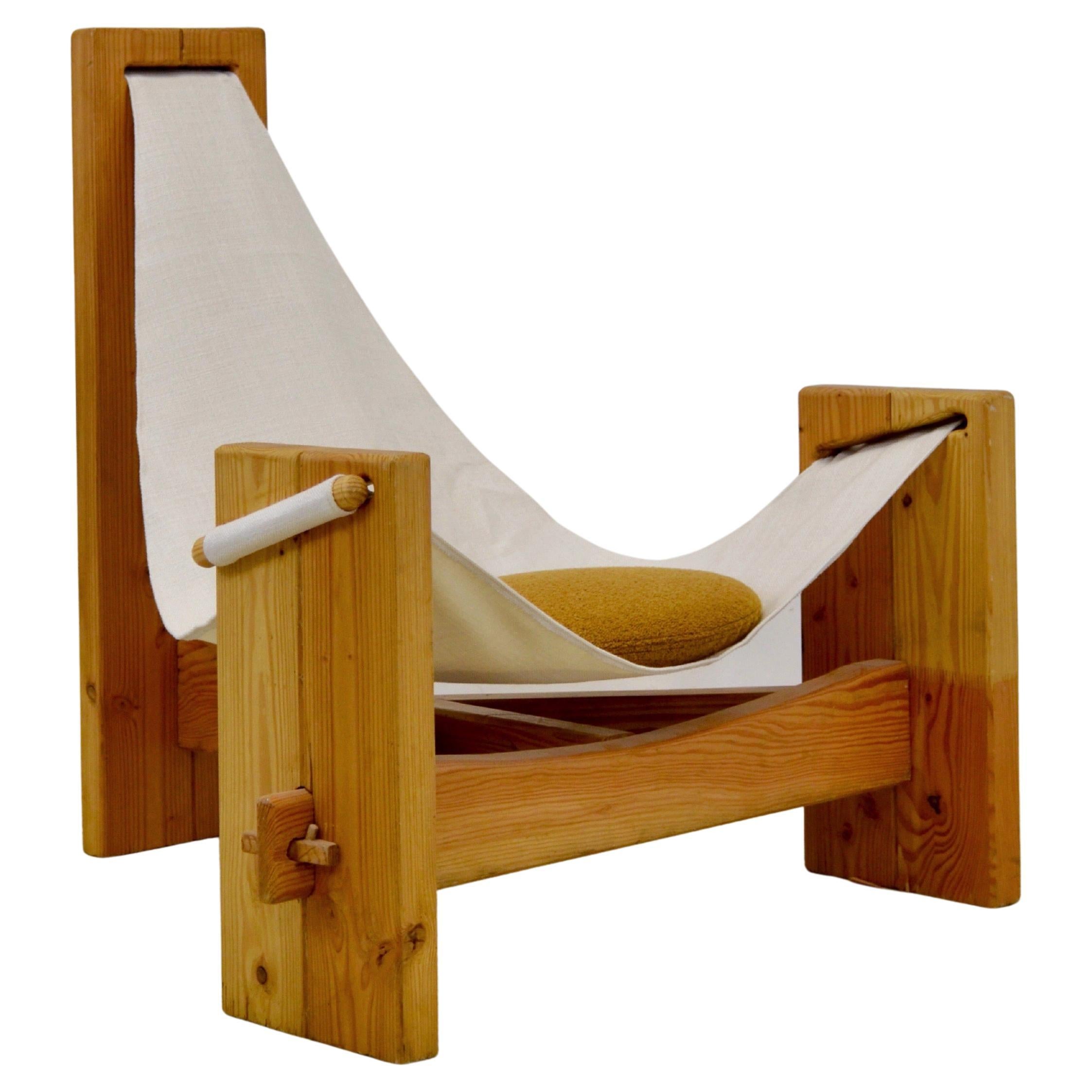 A three legged pine sling chair - France - 1970s