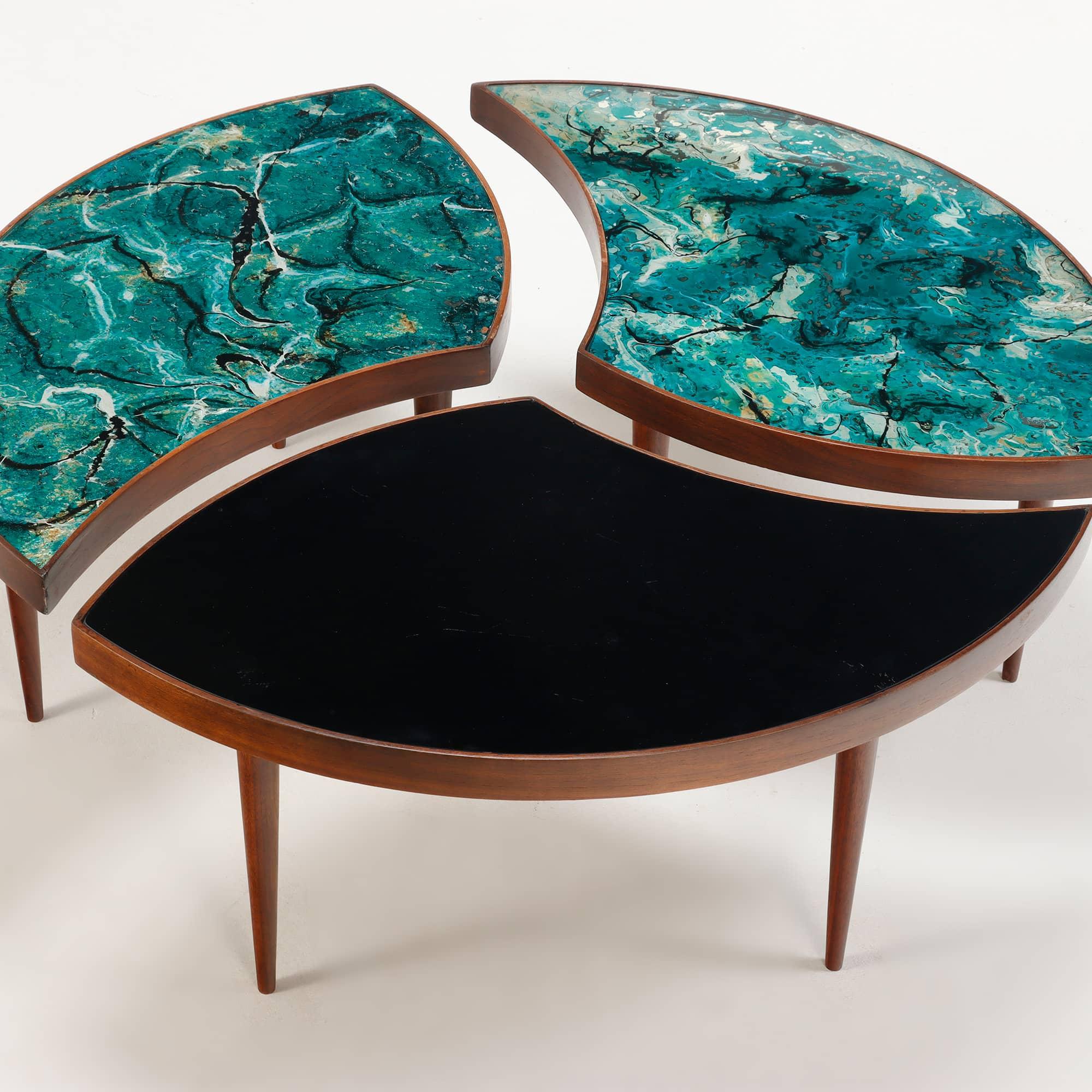 Organic Modern A three-part biomorphic marbleized glass and walnut circular coffee table. For Sale