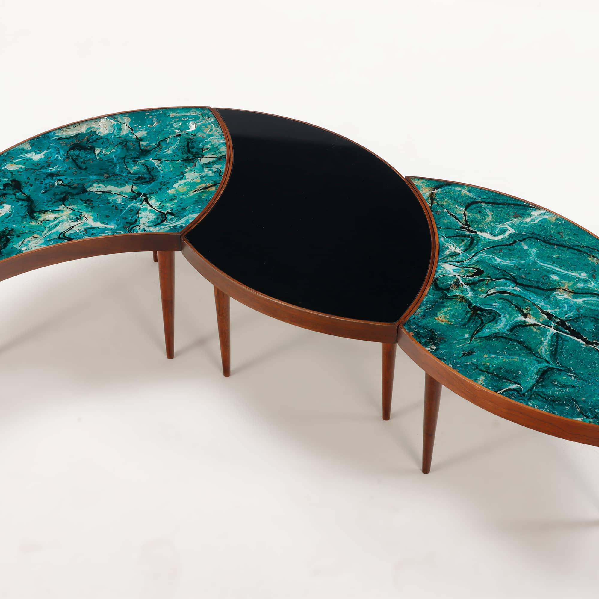 American A three-part biomorphic marbleized glass and walnut circular coffee table. For Sale
