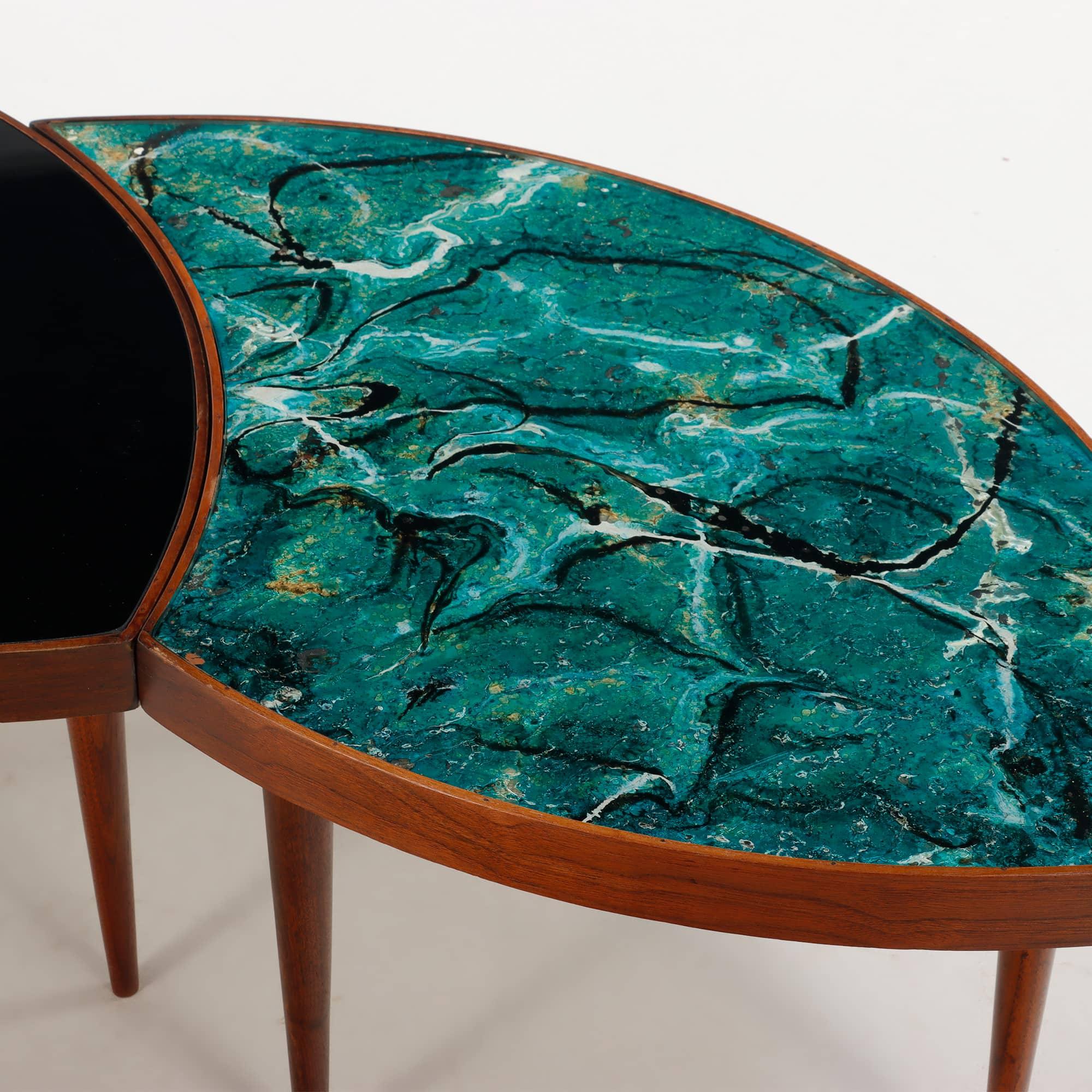 A three-part biomorphic marbleized glass and walnut circular coffee table. In Good Condition For Sale In Philadelphia, PA