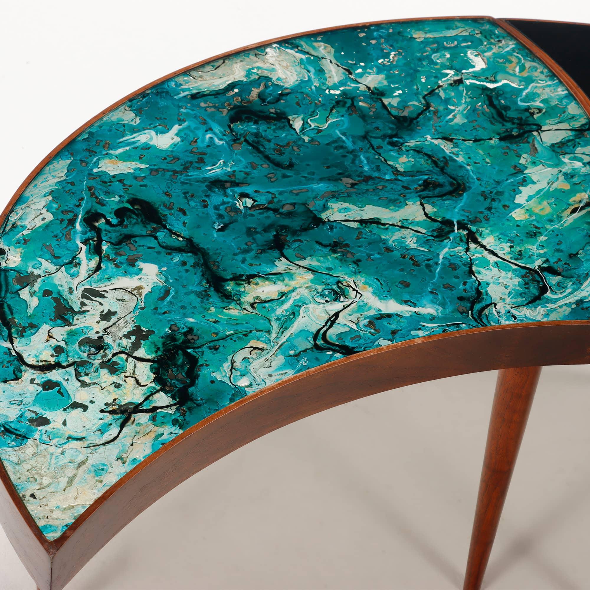 Glass A three-part biomorphic marbleized glass and walnut circular coffee table. For Sale