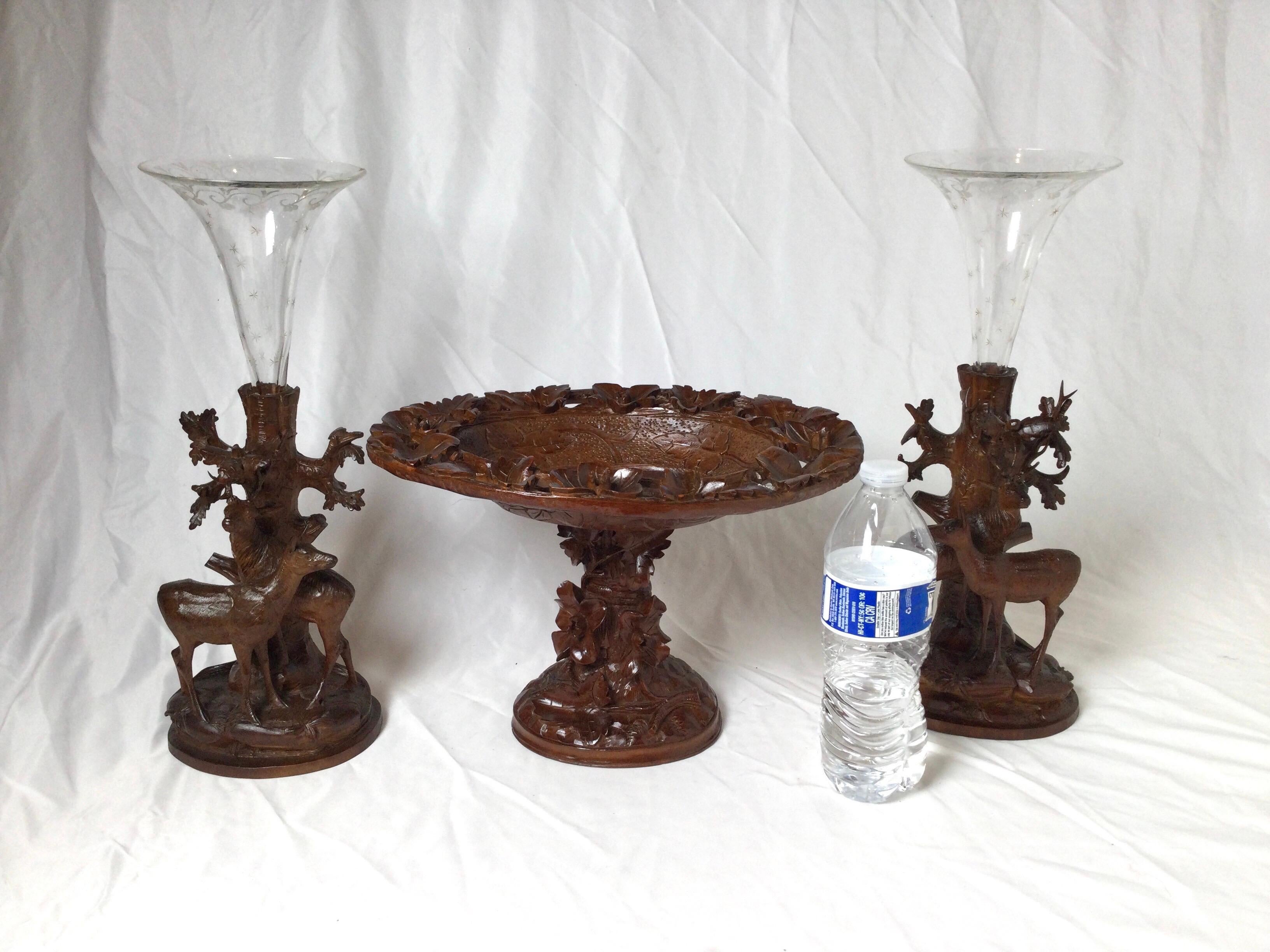 Three Piece Black Forrest Center Bowl with Garniture Trumpet Vases For Sale 6