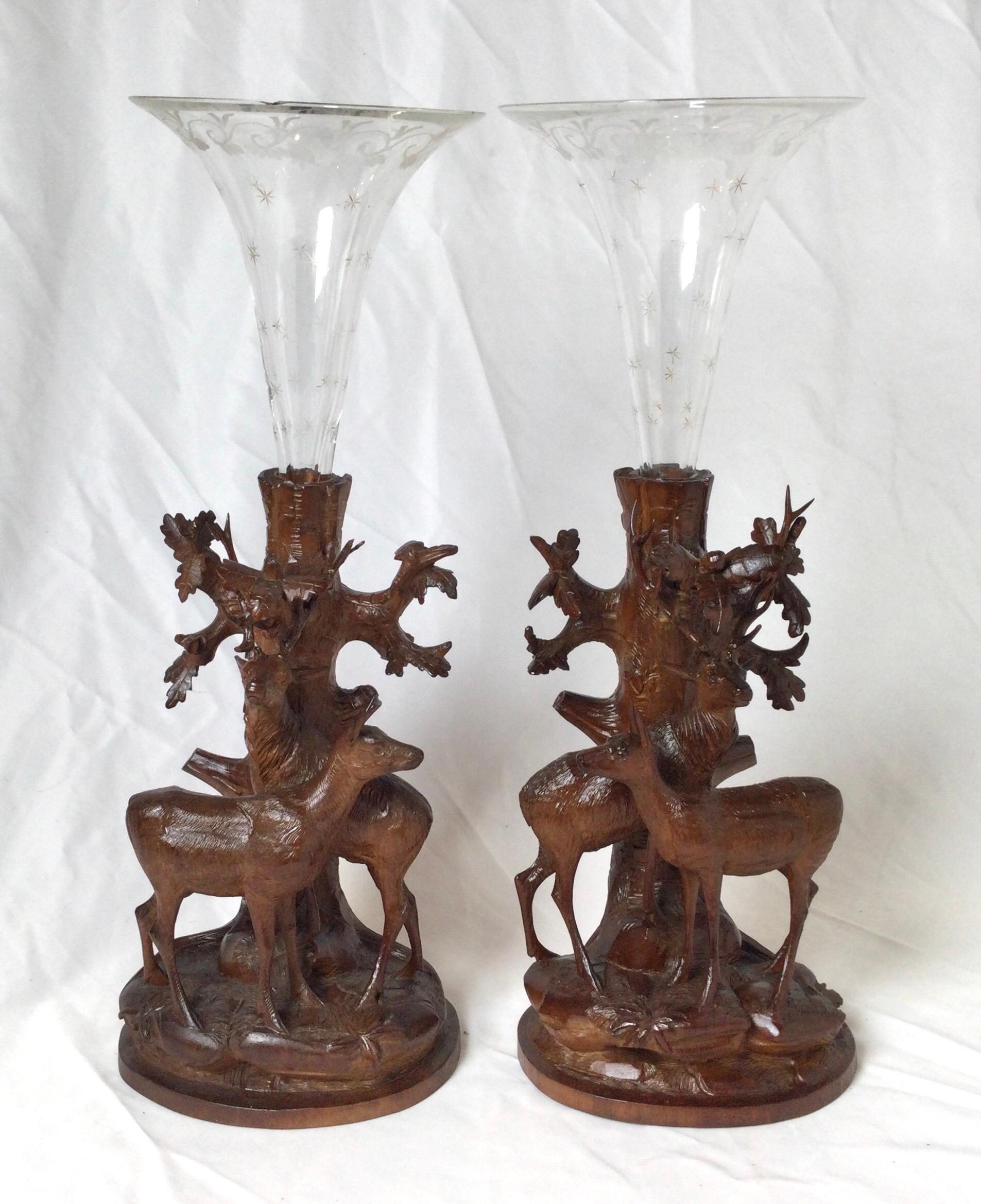 Hand-Carved Three Piece Black Forrest Center Bowl with Garniture Trumpet Vases For Sale