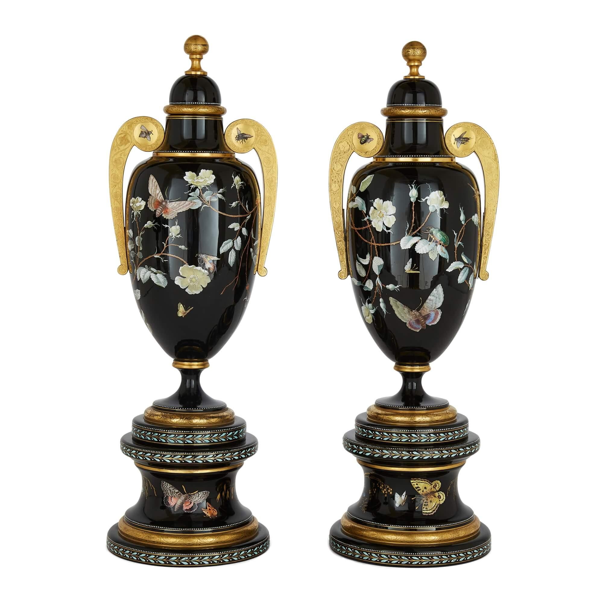 Czech Three-Piece Bohemian Enamelled Black-Glass Garniture Set For Sale