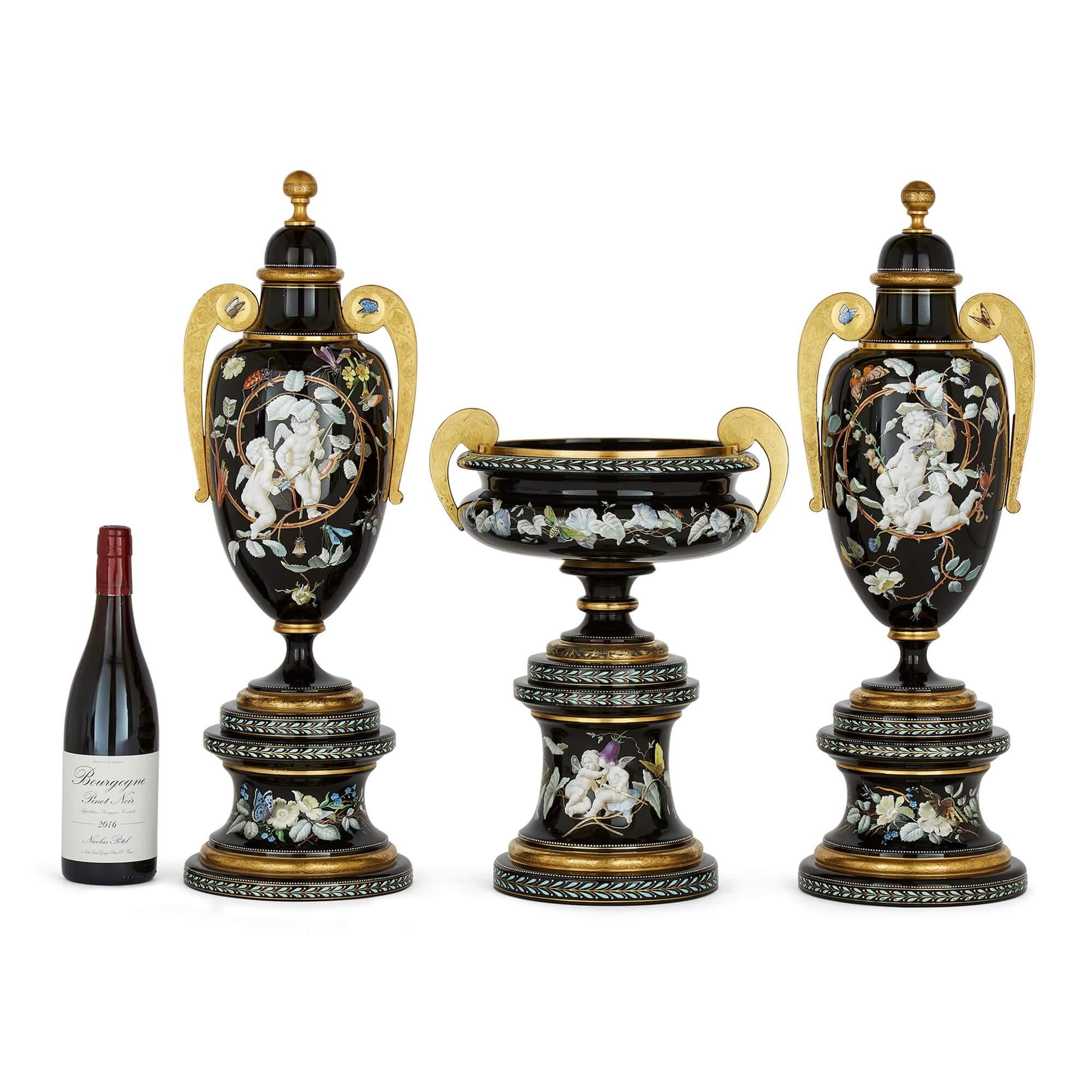 Three-Piece Bohemian Enamelled Black-Glass Garniture Set For Sale 2