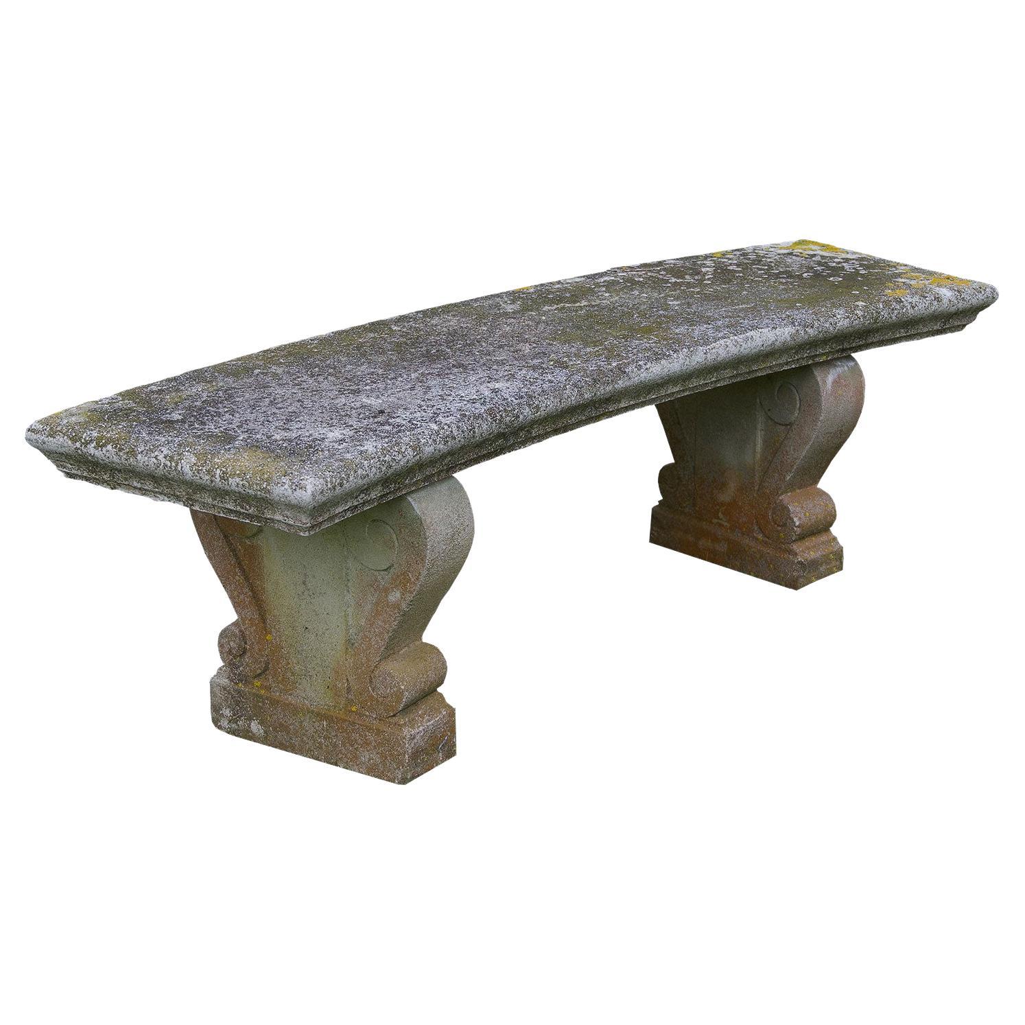 MidCentury French Weathered Curved Stone Garden Bench with Fish