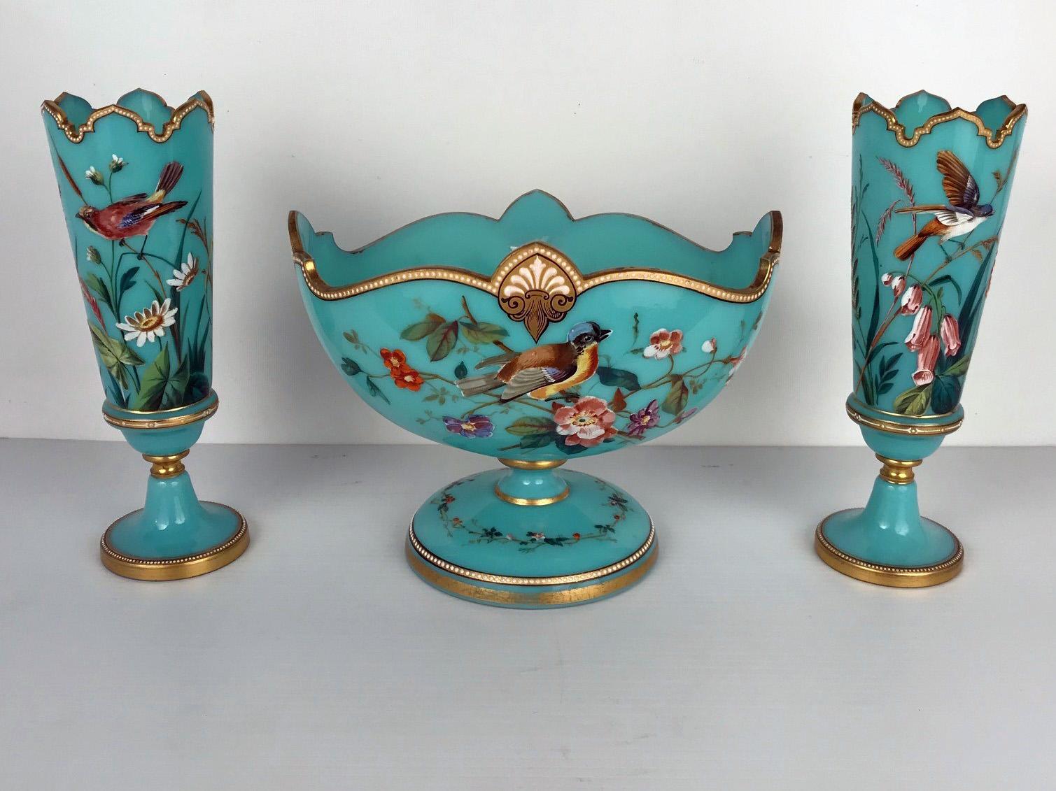 Aesthetic Movement Three-Piece French Enamelled Glass Garniture, Attributed to Baccarat For Sale