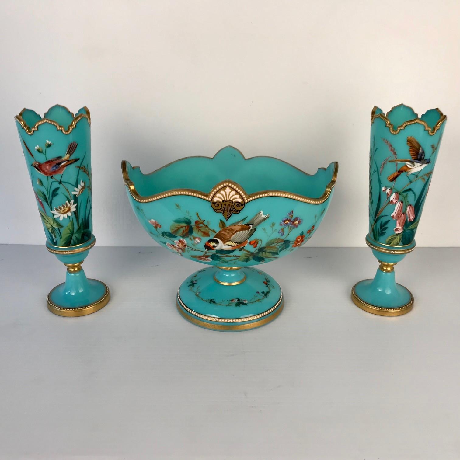 Hand-Painted Three-Piece French Enamelled Glass Garniture, Attributed to Baccarat For Sale