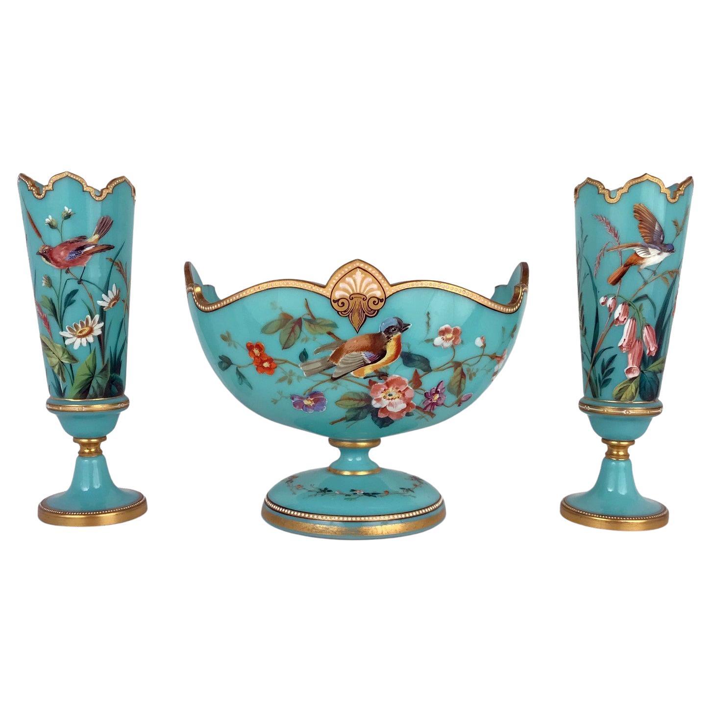 Three-Piece French Enamelled Glass Garniture, Attributed to Baccarat For Sale