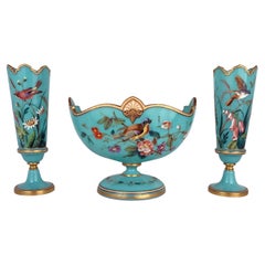 Antique Three-Piece French Enamelled Glass Garniture, Attributed to Baccarat