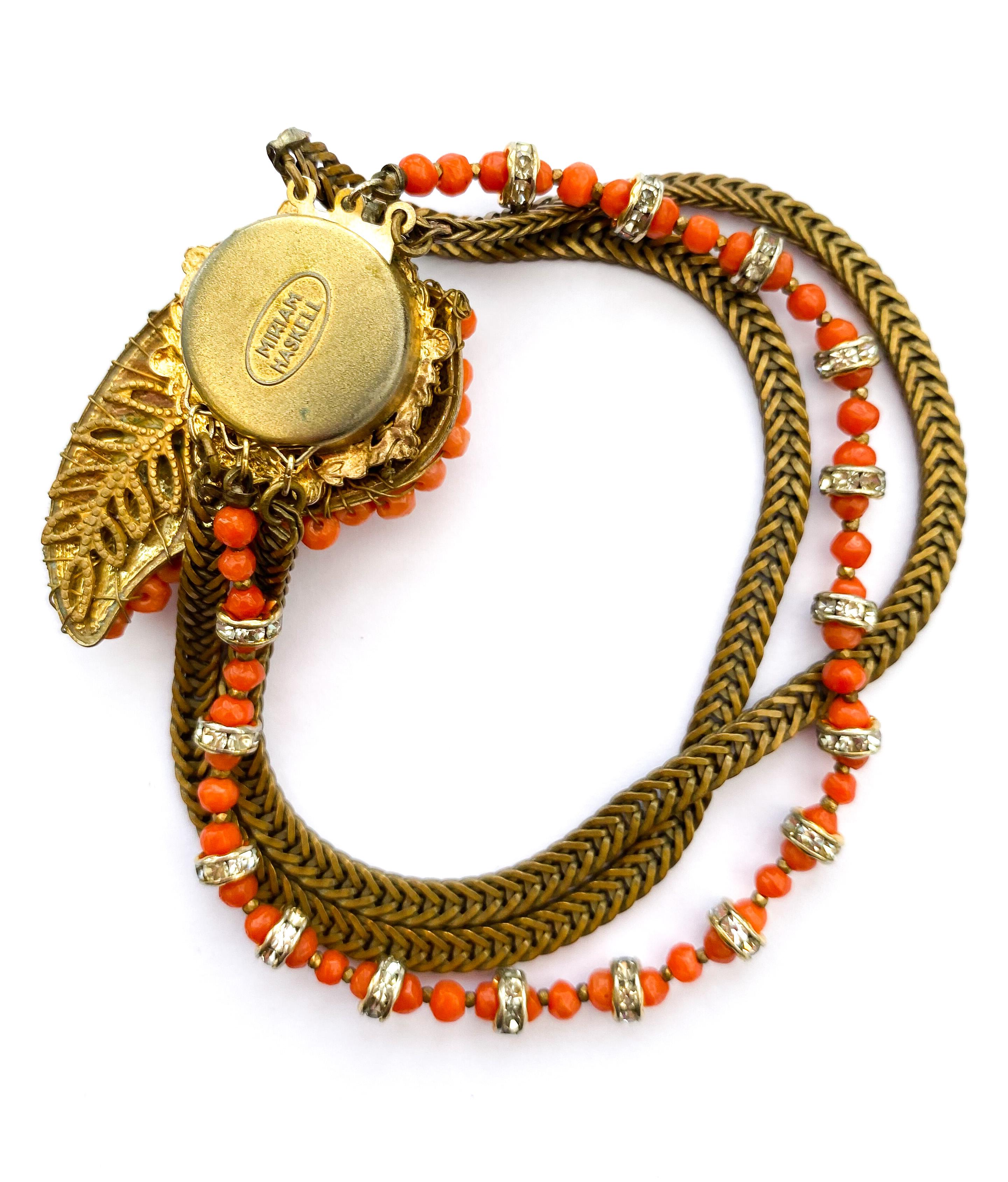 A three piece parure in coral glass beads and gilt metal, Miriam Haskell, 1950s For Sale 5