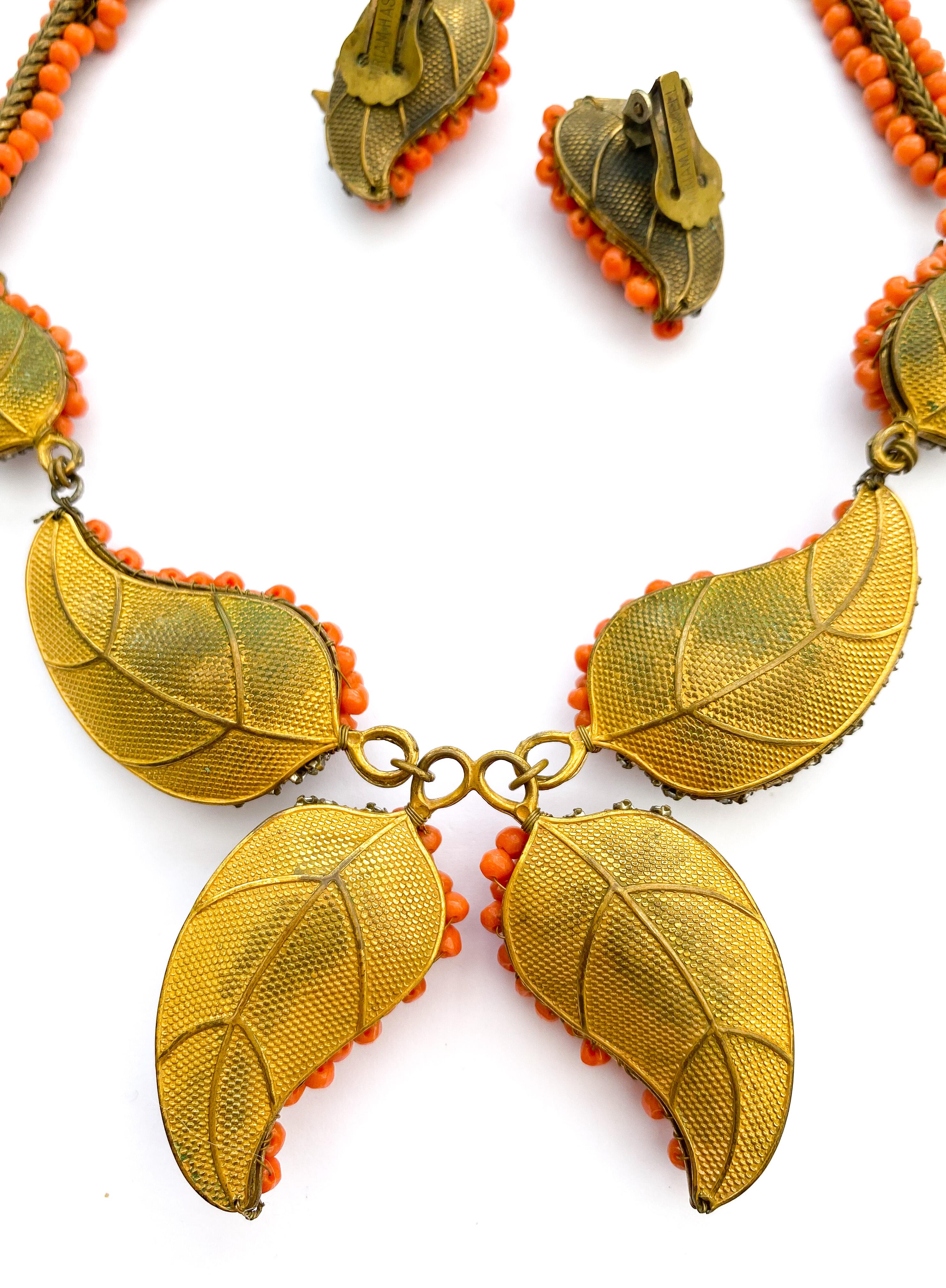 A three piece parure in coral glass beads and gilt metal, Miriam Haskell, 1950s For Sale 1