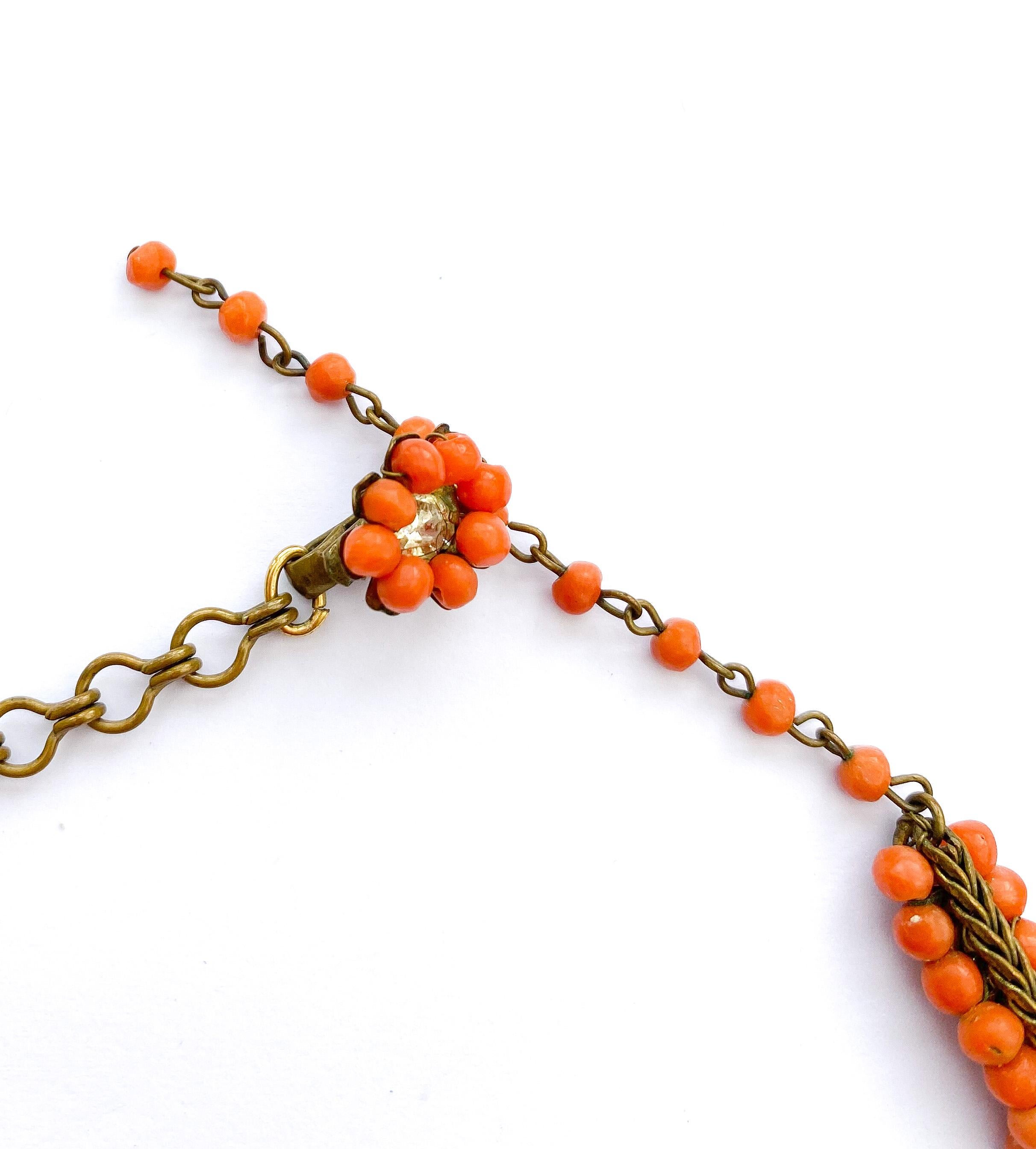 A three piece parure in coral glass beads and gilt metal, Miriam Haskell, 1950s For Sale 3