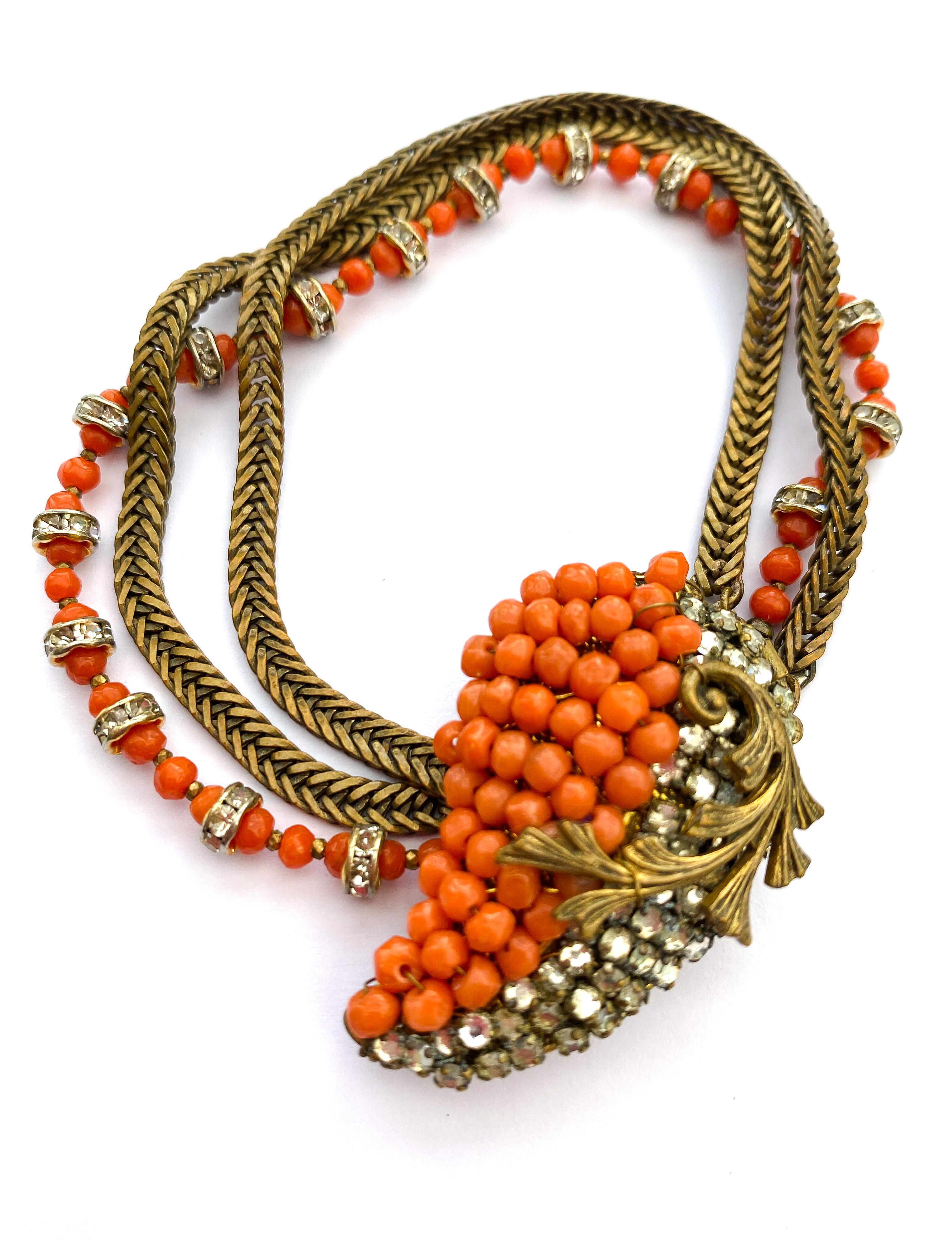 A three piece parure in coral glass beads and gilt metal, Miriam Haskell, 1950s For Sale 4