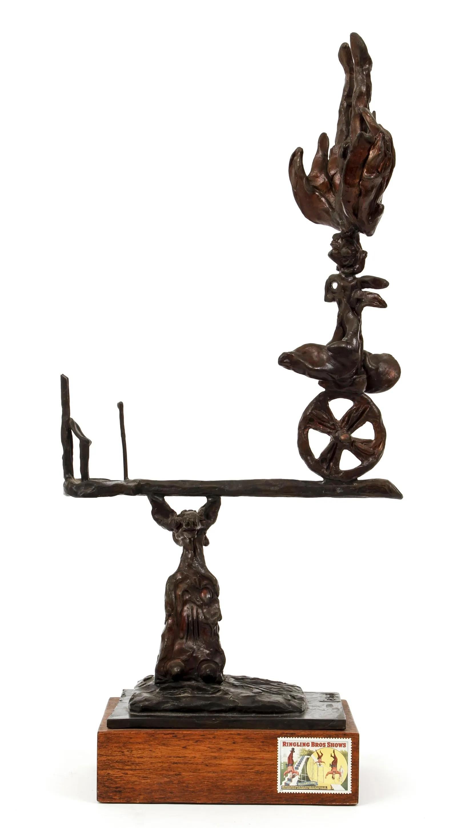 A three-piece set of contemporary sculptures made of cast bronze, brass, copper and glass by Bob La Bobgah. All three sculptures are signed by the artist, whose main focus was Circus Theme. These are black tone. 

Measures: 9 x 7.5 x 5.5
