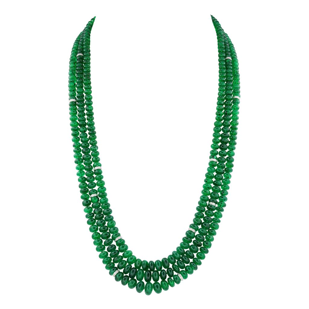 Art Deco A Three-row Emerald Bead And Diamond Necklace For Sale