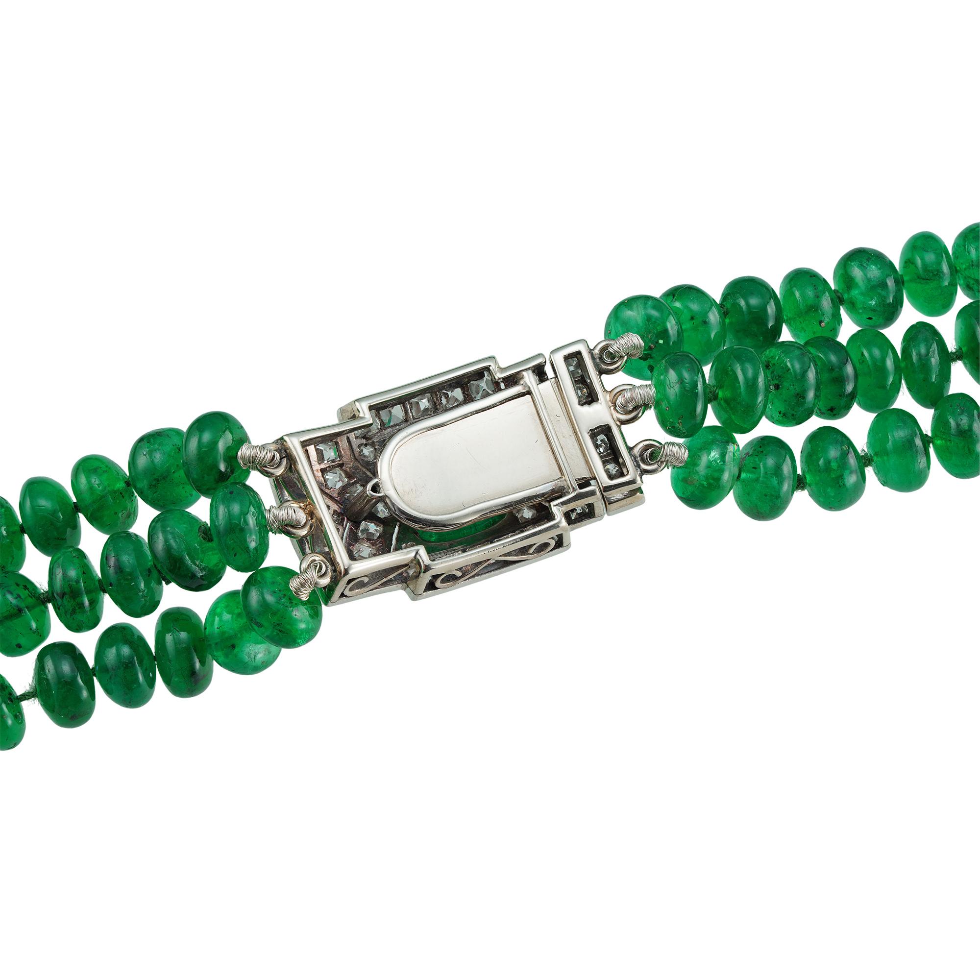 Sugarloaf Cabochon A Three-row Emerald Bead And Diamond Necklace For Sale
