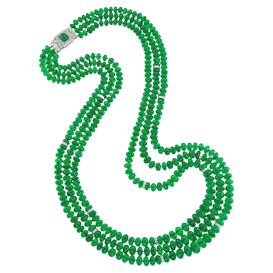 A Three-row Emerald Bead And Diamond Necklace