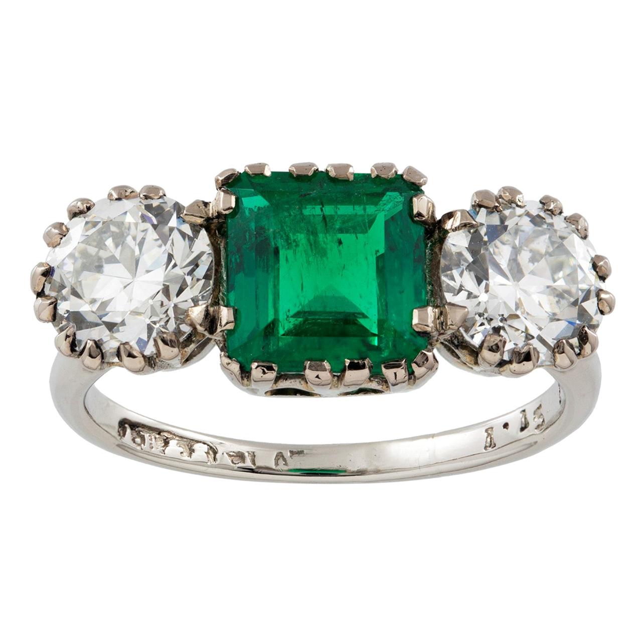 Three-Stone Diamond and Emerald Ring