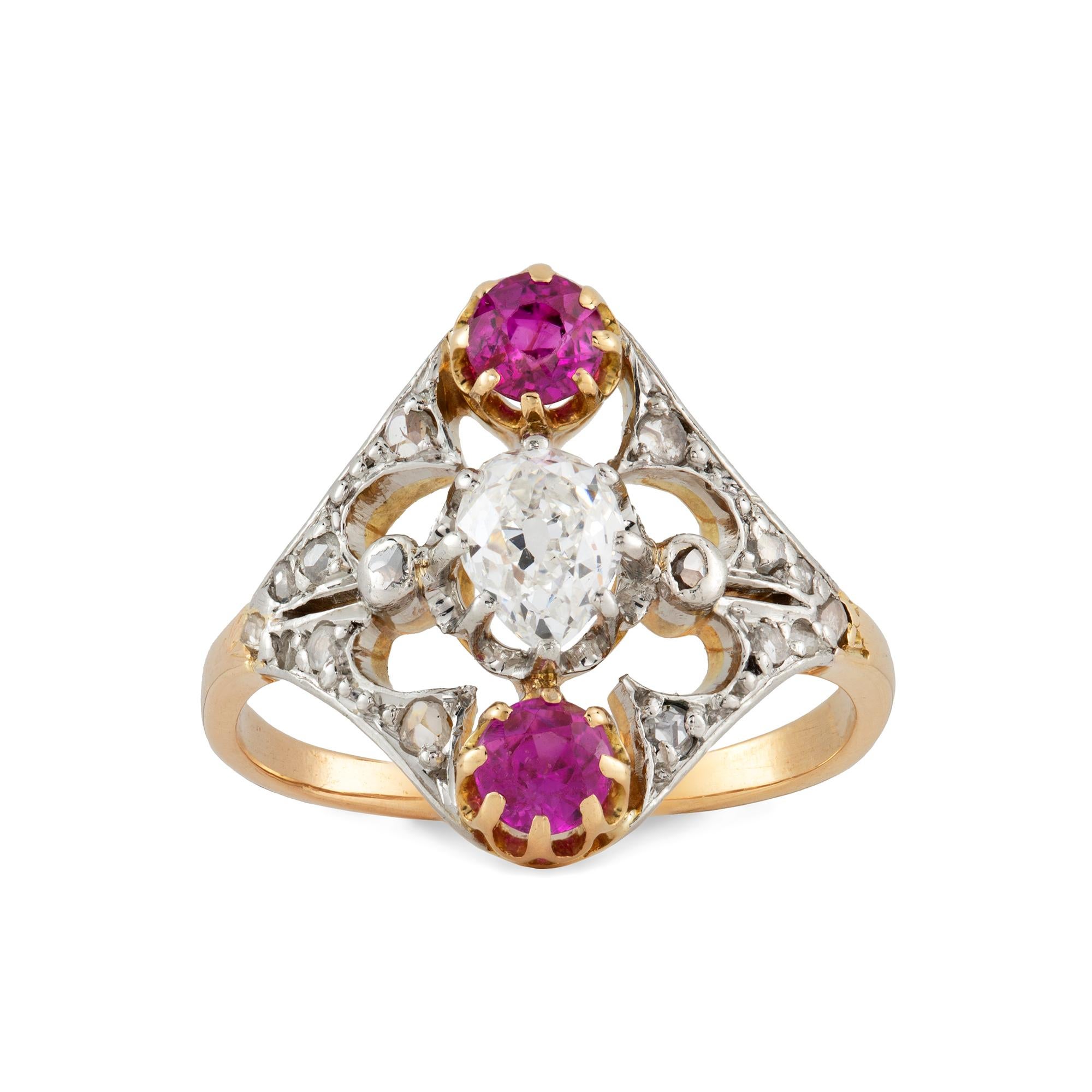 Art Nouveau Three-Stone Diamond and Pink Sapphire Ring