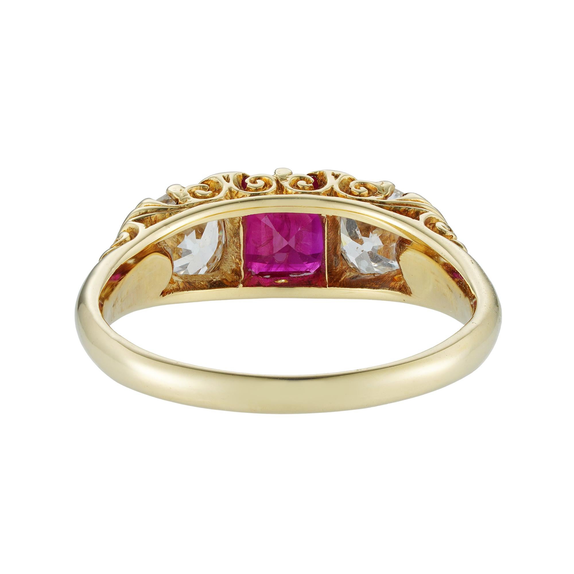 Emerald Cut Three Stone Ruby and Diamond Carved Ring