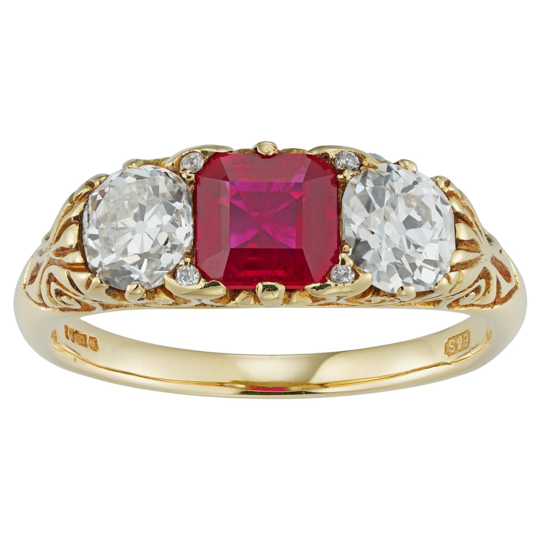 Three Stone Ruby and Diamond Carved Ring