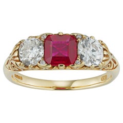 Three Stone Ruby and Diamond Carved Ring
