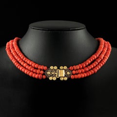 Victorian Three Strand Red Coral Choker Necklace with 14K Gold Clasp