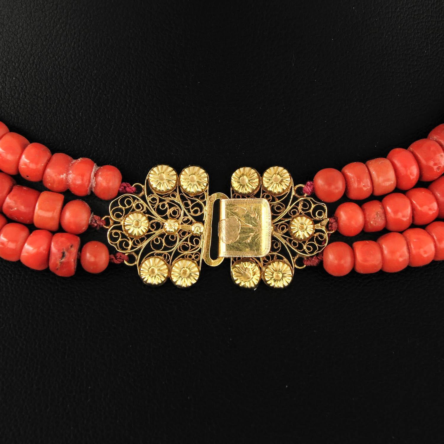 Late Victorian Three Strand Red Coral Necklace 14K Gold Clasp For Sale