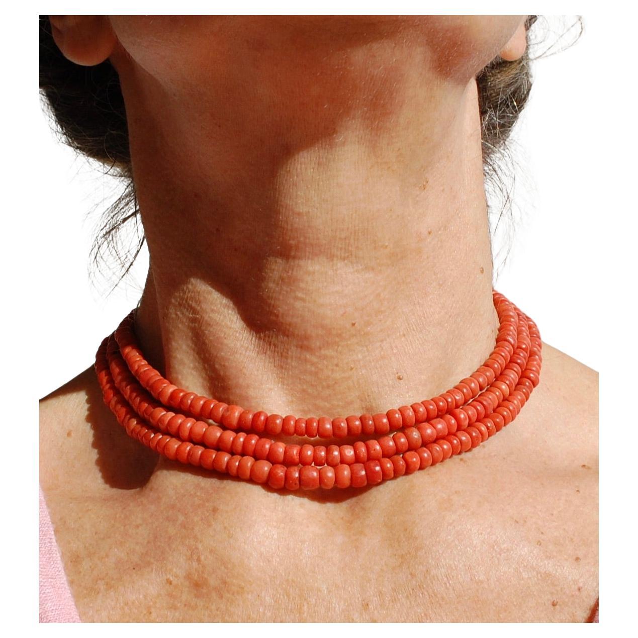 Bead Three Strand Red Coral Necklace 14K Gold Clasp For Sale
