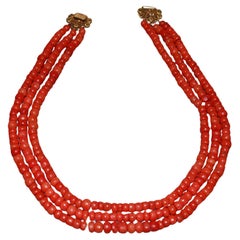 Antique A Three Strand Red Coral Necklace Gold Clasp 