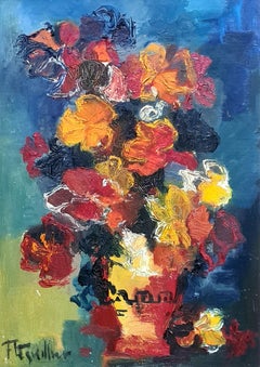Expressionist Still Life With Flowers Framed Oil Painting on Canvas, Mid century