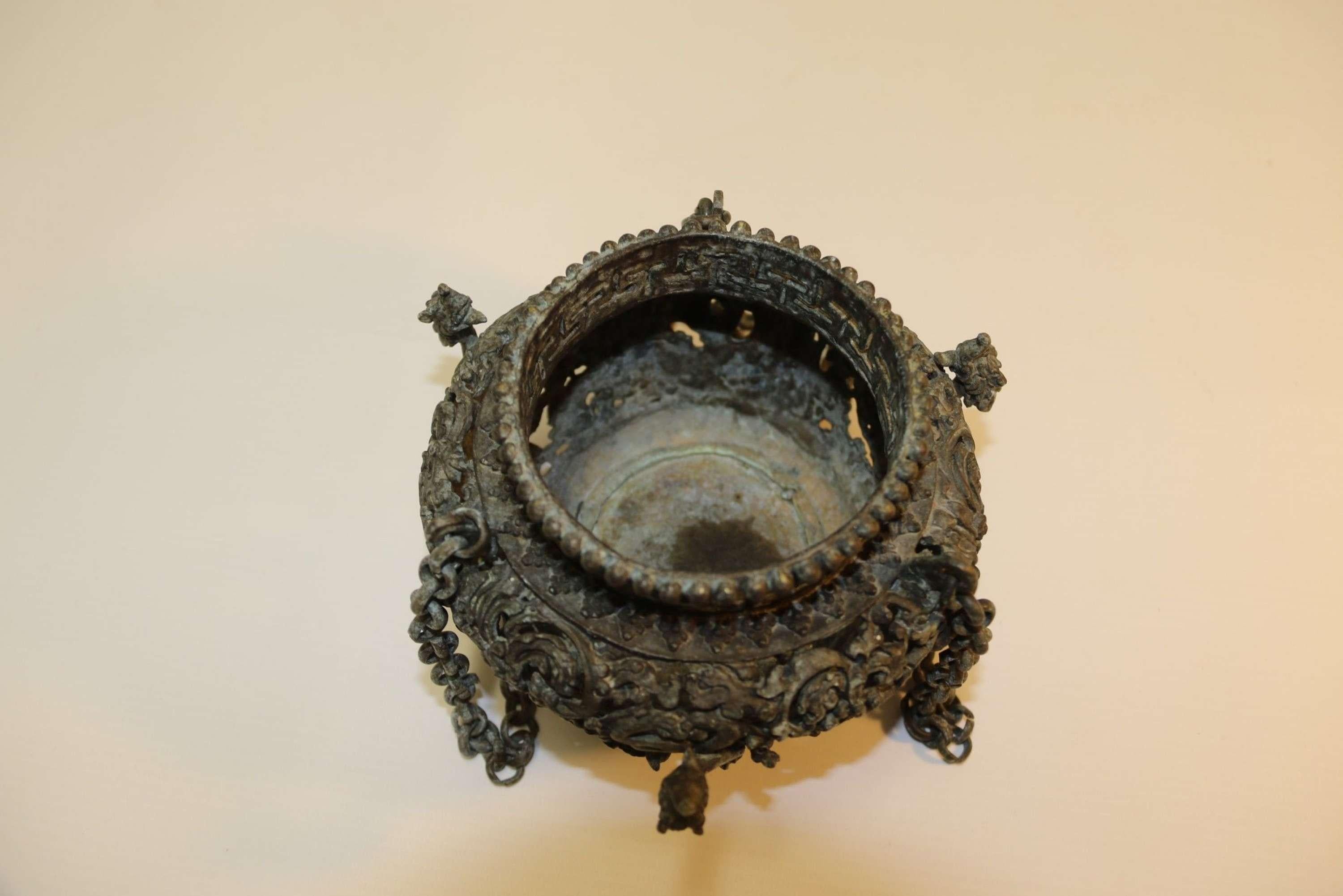 Cast Tibetan Bronze Incense Burner Finely Detailed with Mythical Beasts circa 1910 For Sale