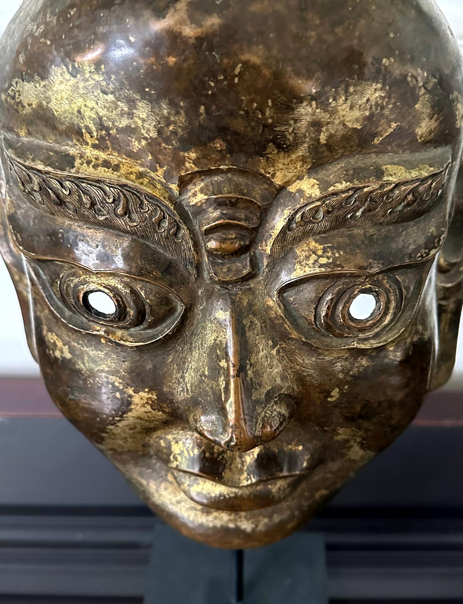Tibetan Gilt Copper Alloy Mask on Display Stand For Sale 5