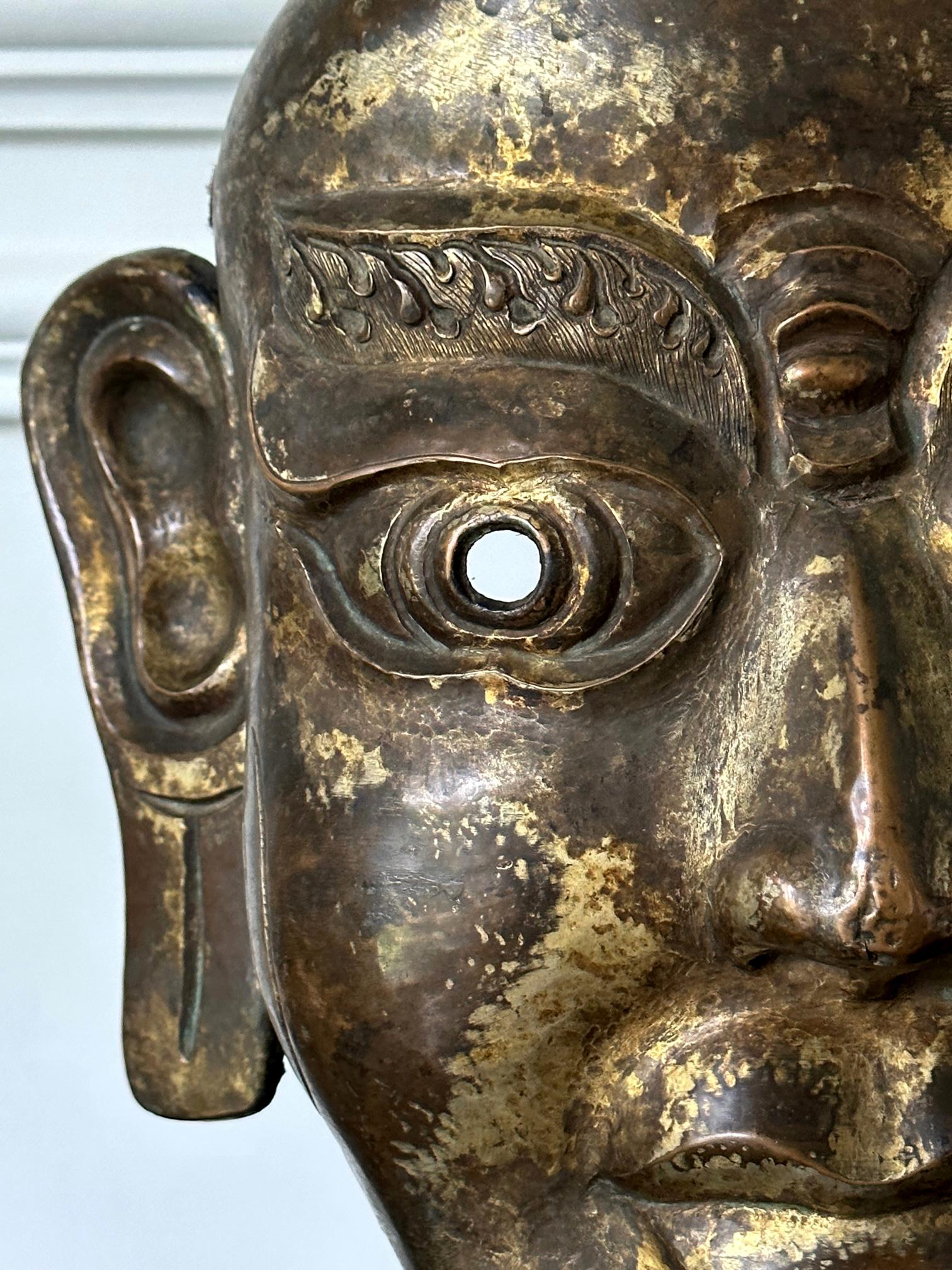 Tibetan Gilt Copper Alloy Mask on Display Stand For Sale 7