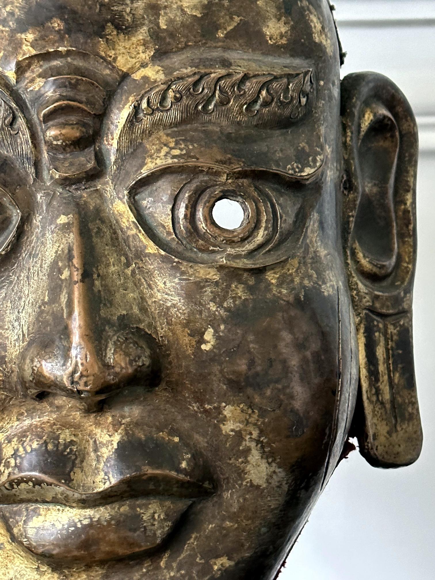 Tibetan Gilt Copper Alloy Mask on Display Stand For Sale 8