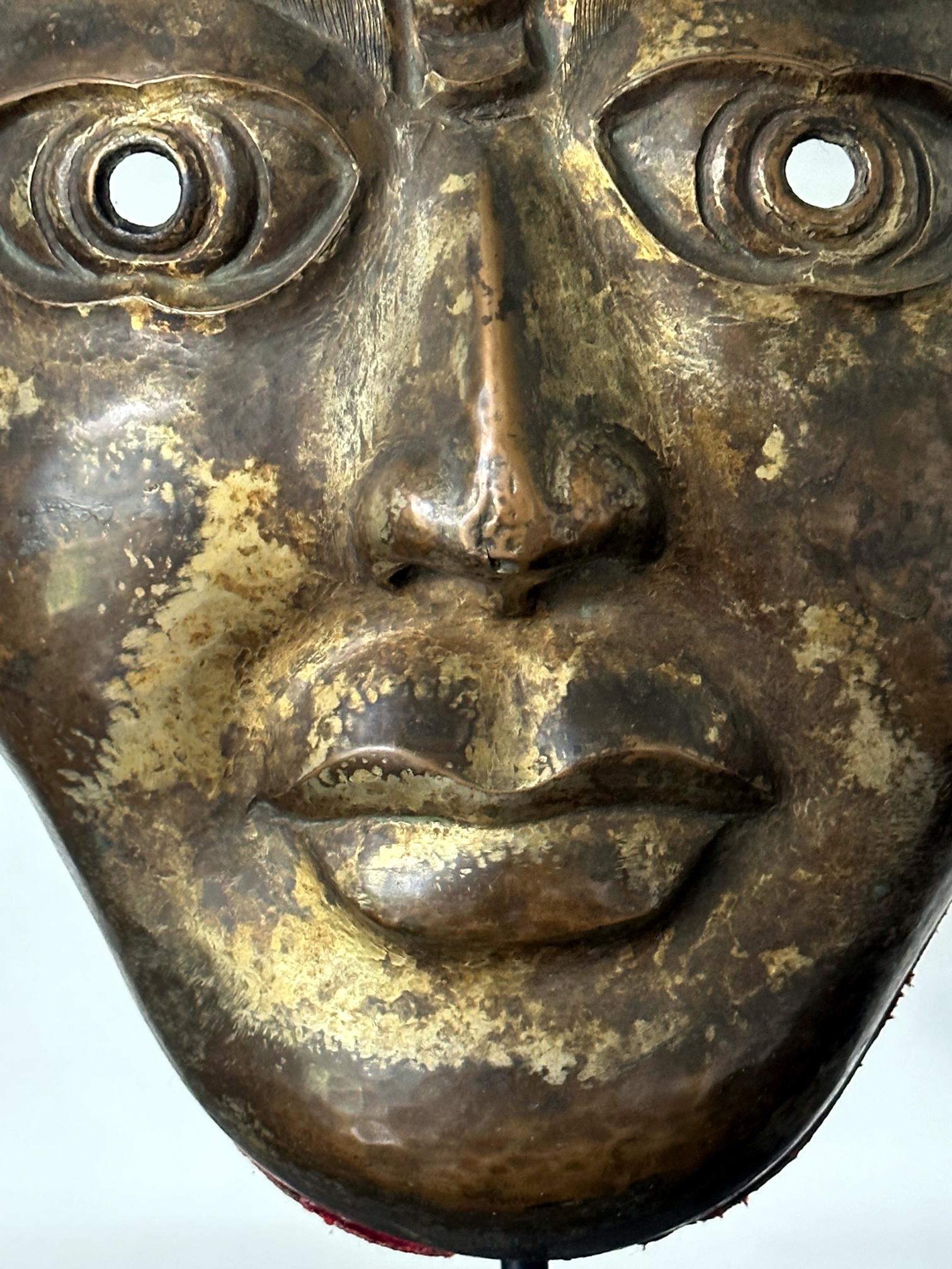 Tibetan Gilt Copper Alloy Mask on Display Stand For Sale 9