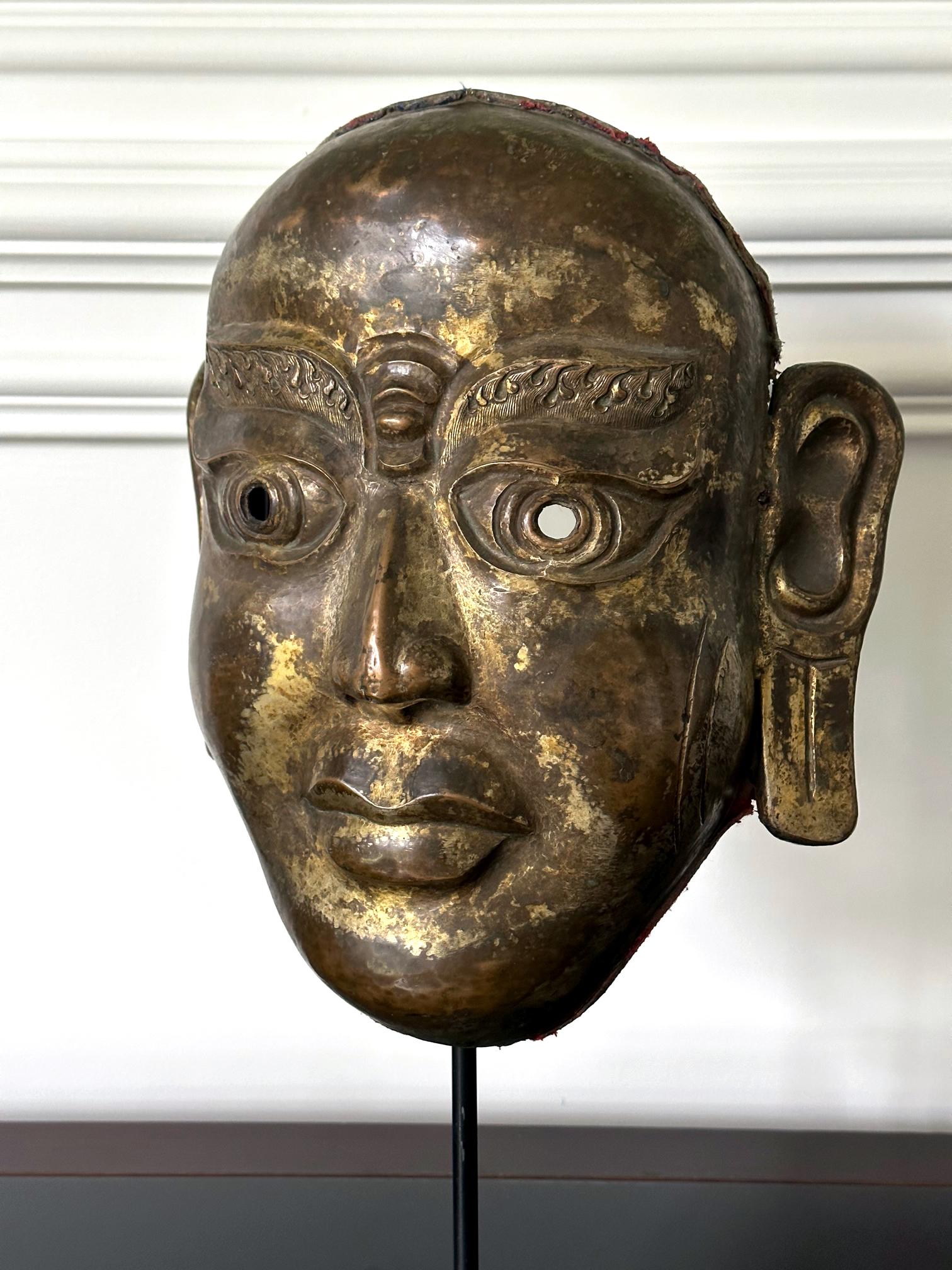 Tibetan Gilt Copper Alloy Mask on Display Stand For Sale 2