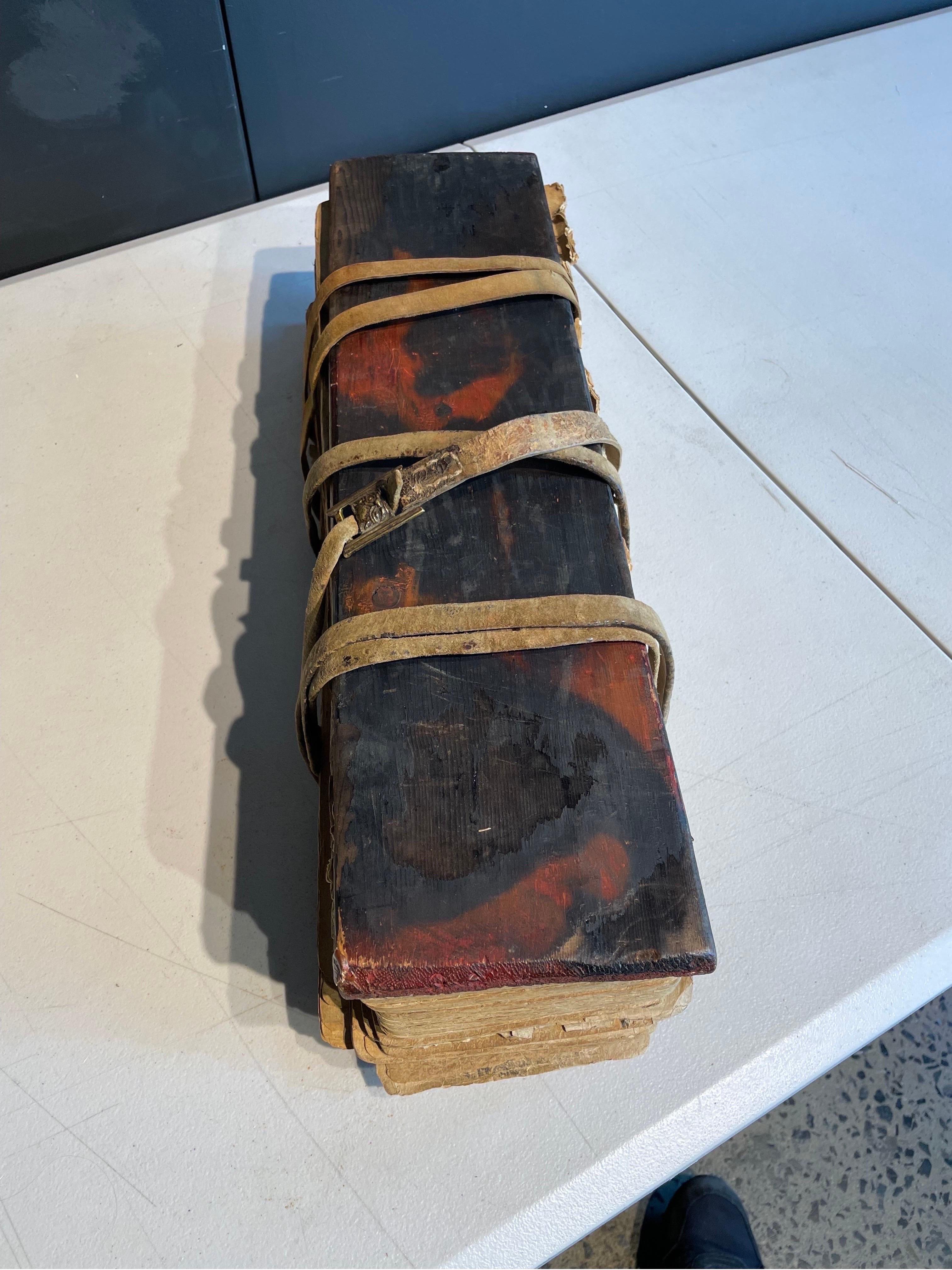 A Tibetan Prayer Book in Wooden Casing, 19th Century

Aged leaves bound with leather strapping between hard covers.

Length: 53.5 cm Width: 13.5 cm Height: 12.5cm

Provenance: Private Melbourne Collection.