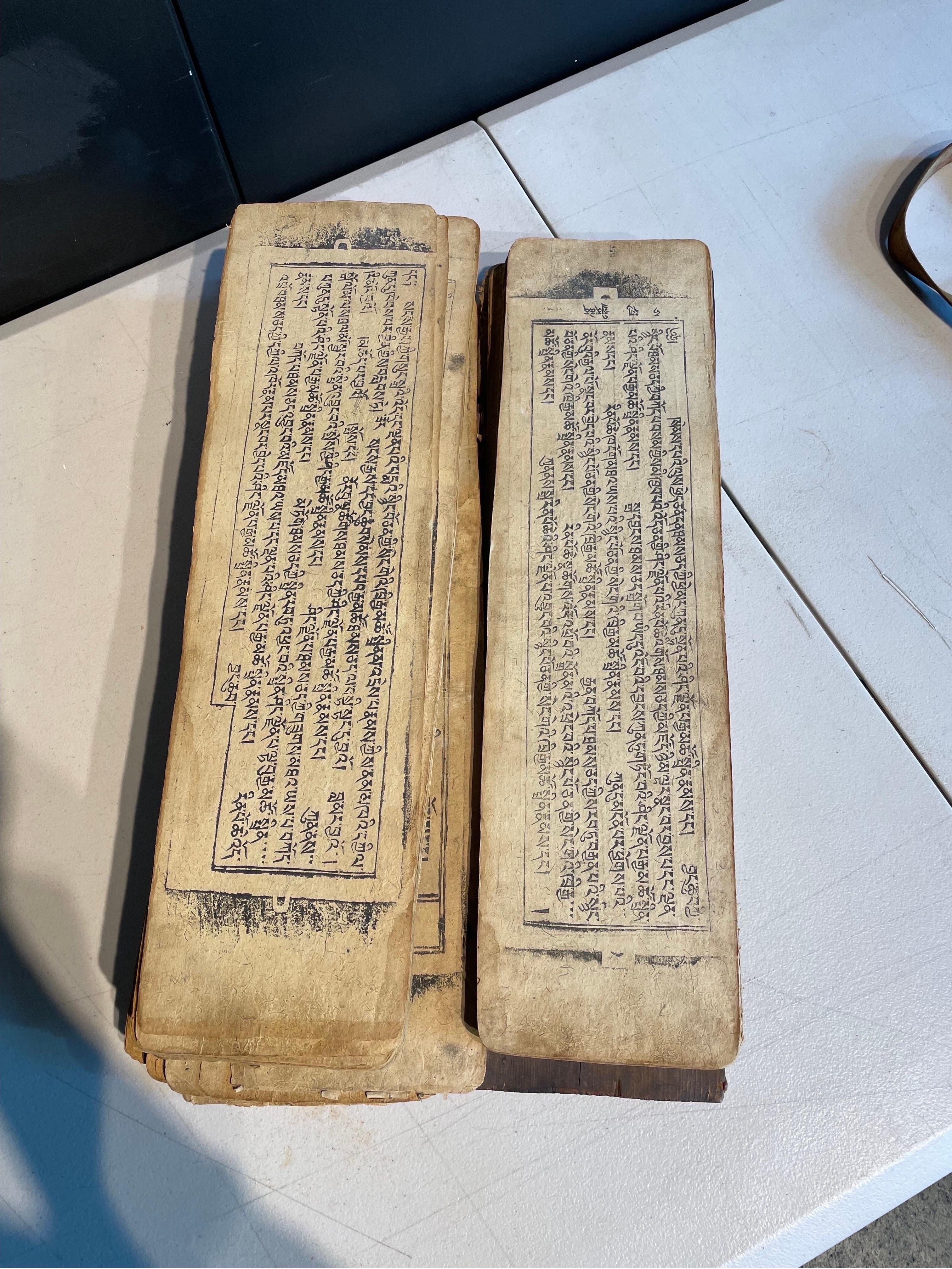 Ein tibetisches Gebetsbuch in Holzkissen, 19. Jahrhundert im Angebot 1