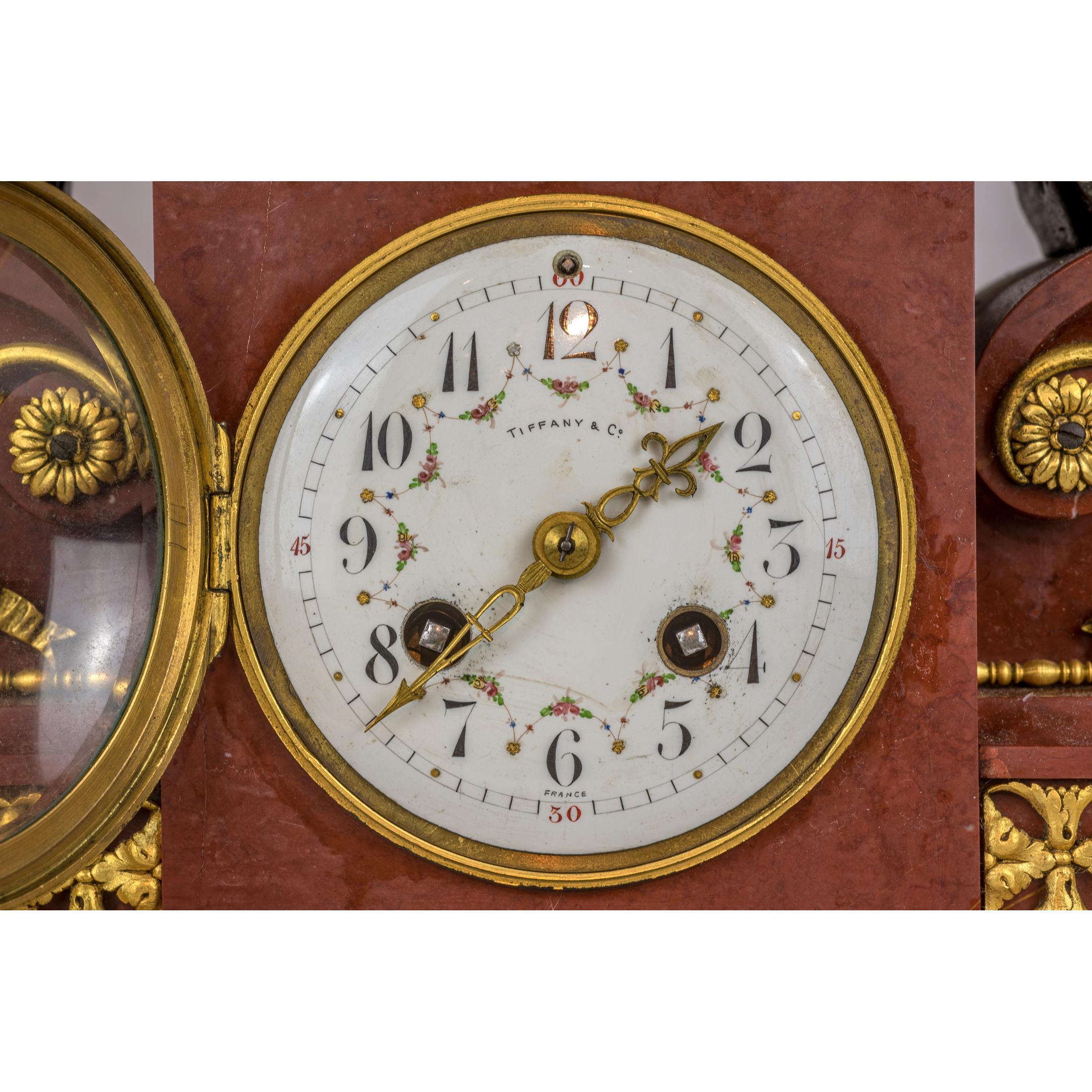 Tiffany & Co. Gilt Bronze and Rouge Marble Mantel Clock In Good Condition For Sale In New York, NY