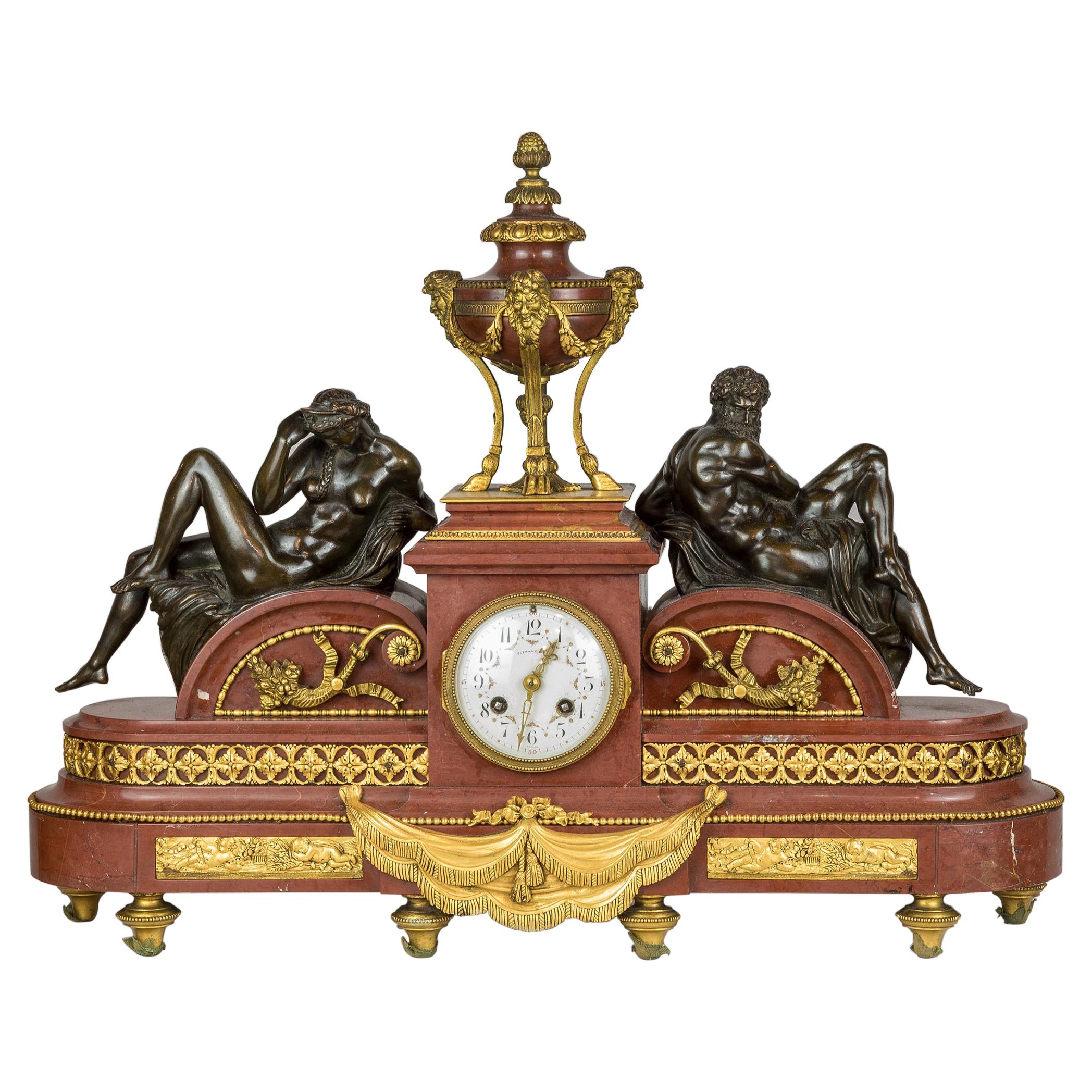 Tiffany & Co. Gilt Bronze and Rouge Marble Mantel Clock