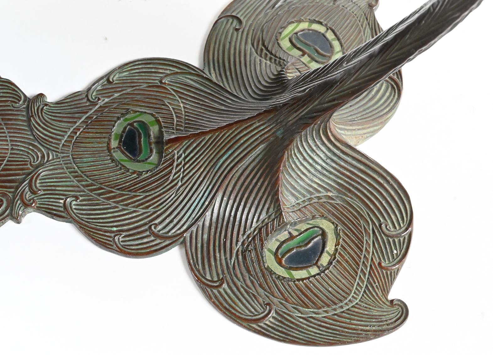American Tiffany Studios New York Glass and Bronze “Peacock” Mirror