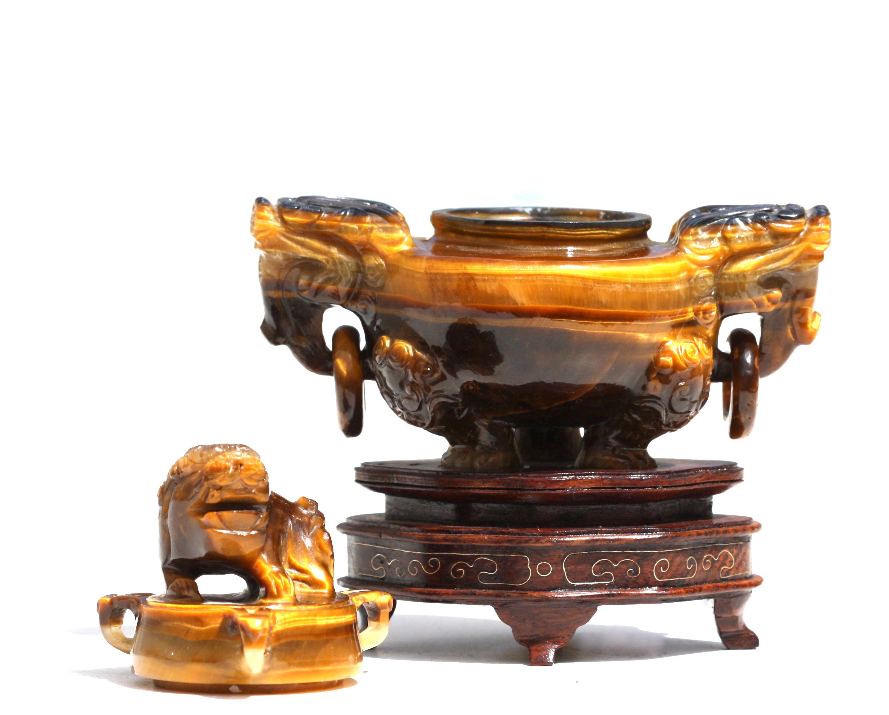 Bronze Brûleur d'encens tripode Oeil de tigre et couvercle en vente
