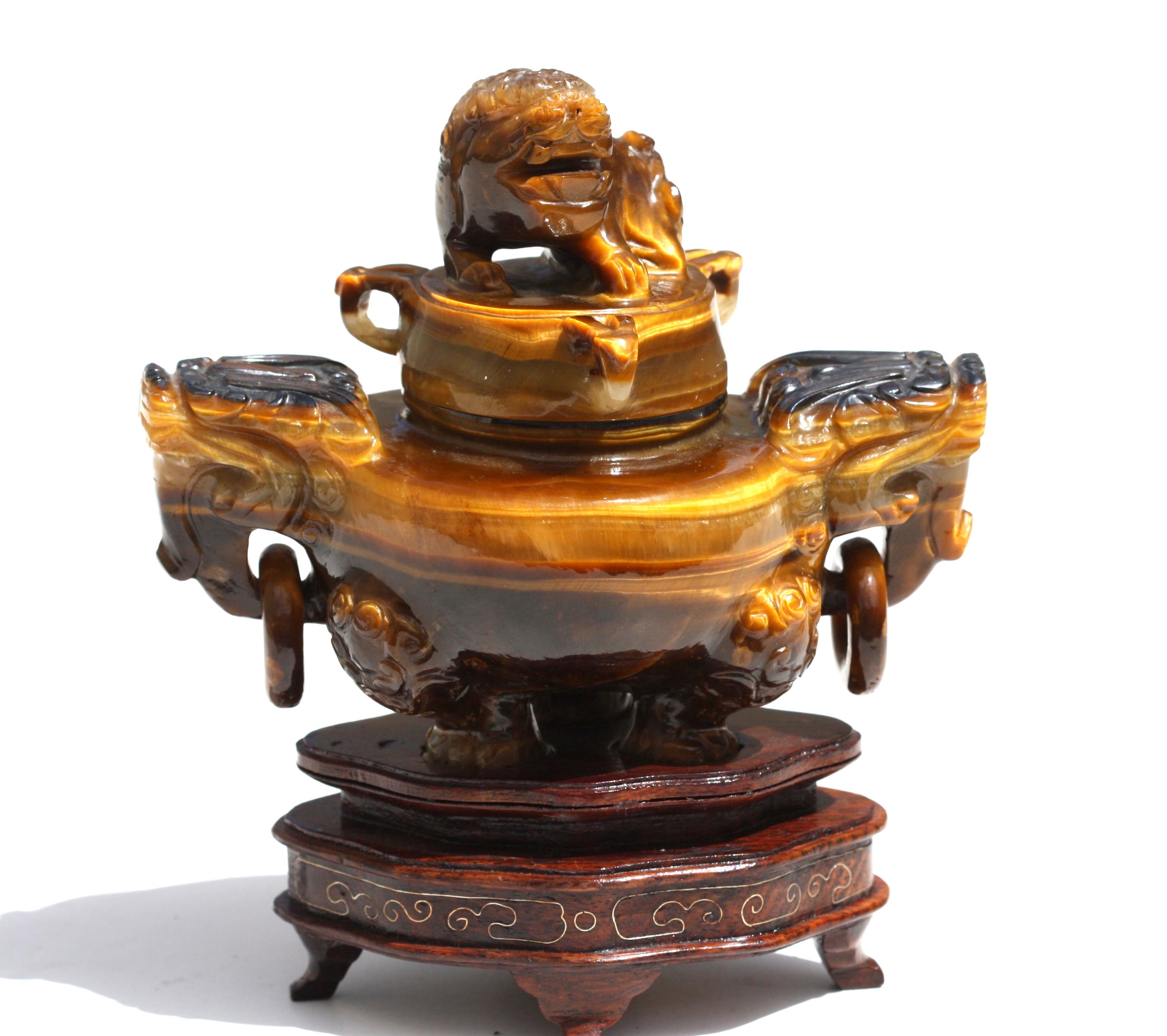 20th Century Tiger's Eye Tripod Incense Burner and Cover For Sale