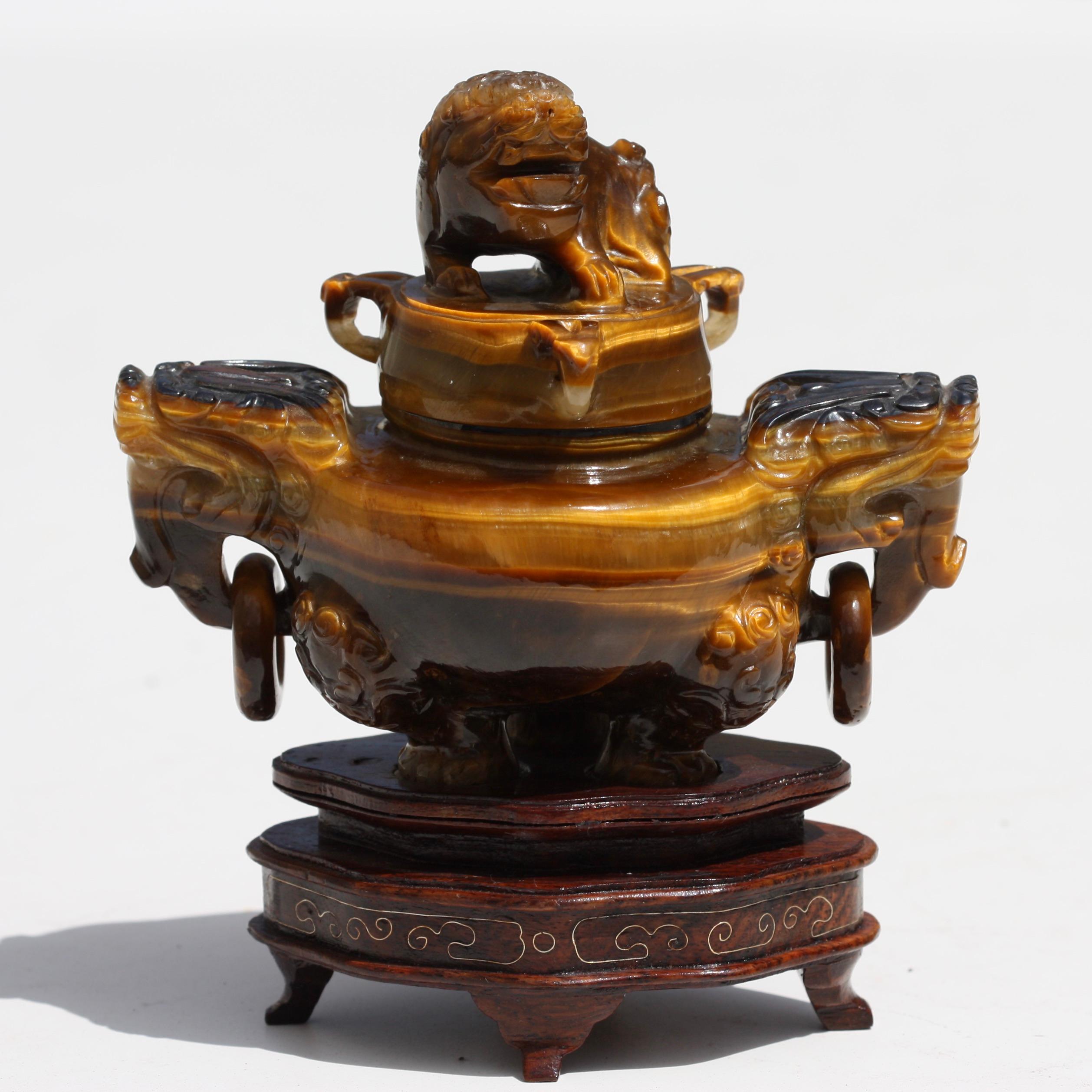 Bronze Tiger's Eye Tripod Incense Burner and Cover For Sale