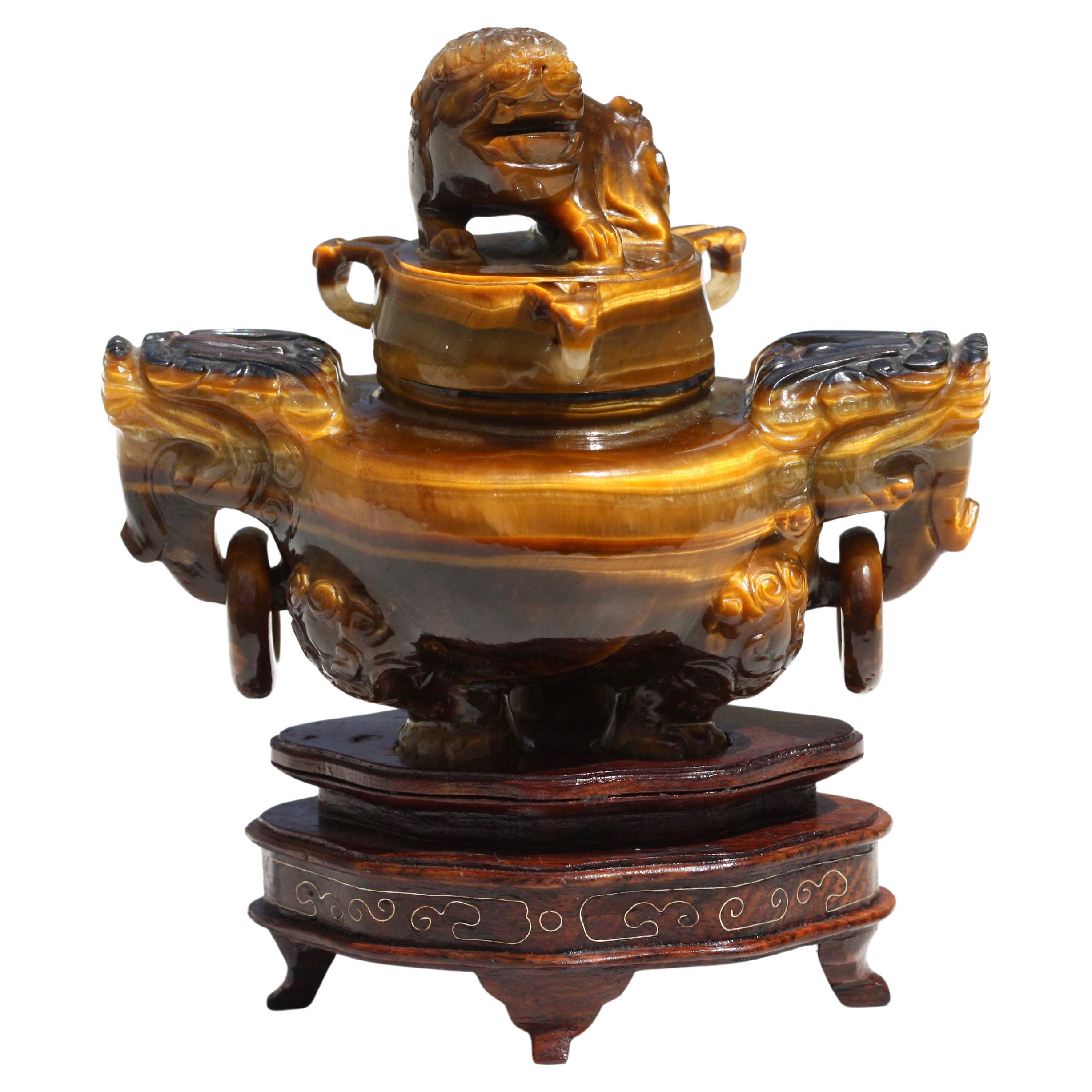 Tiger's Eye Tripod Incense Burner and Cover For Sale
