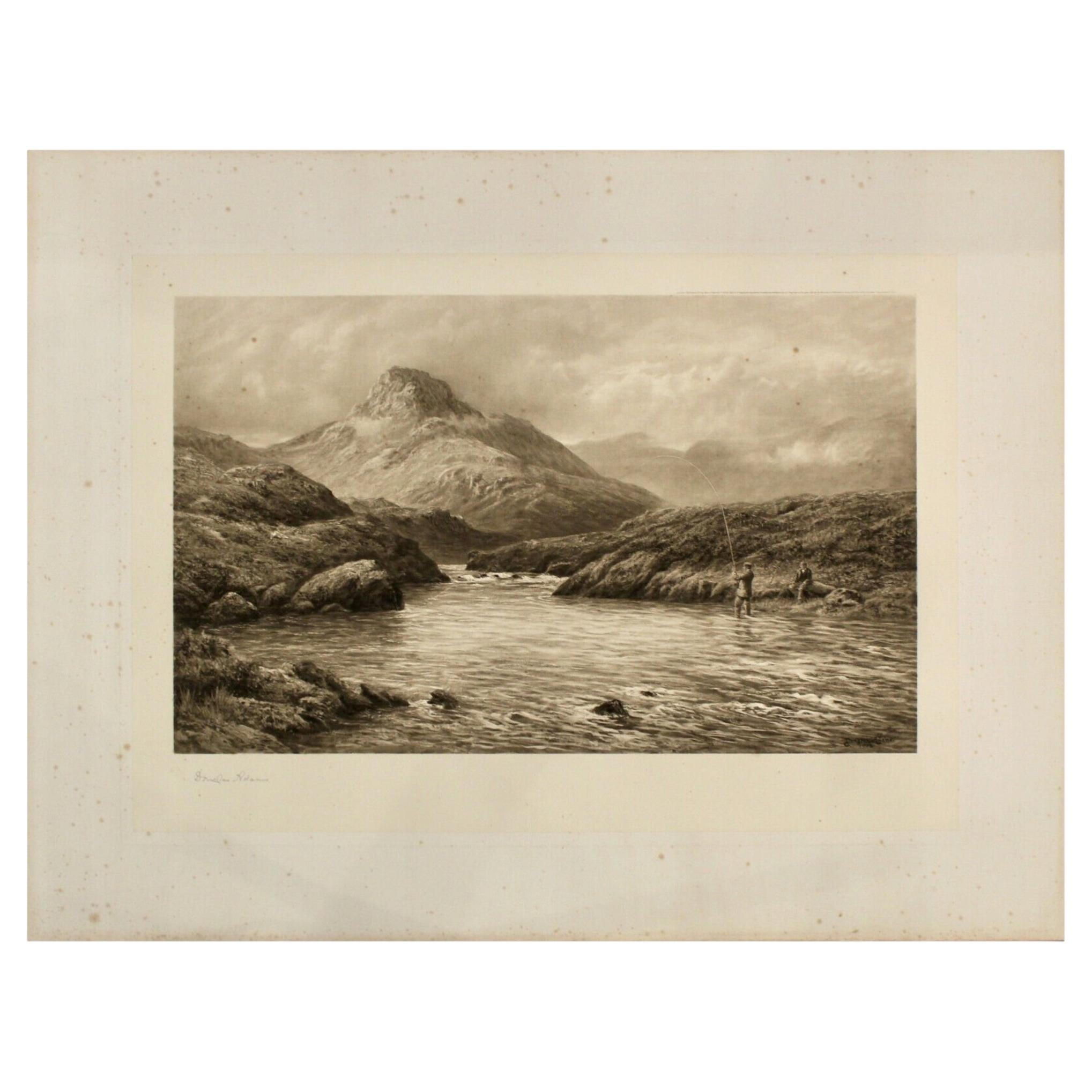 "A Tight Line" Signed by Douglas Adams, Fishing Print, 1903 For Sale