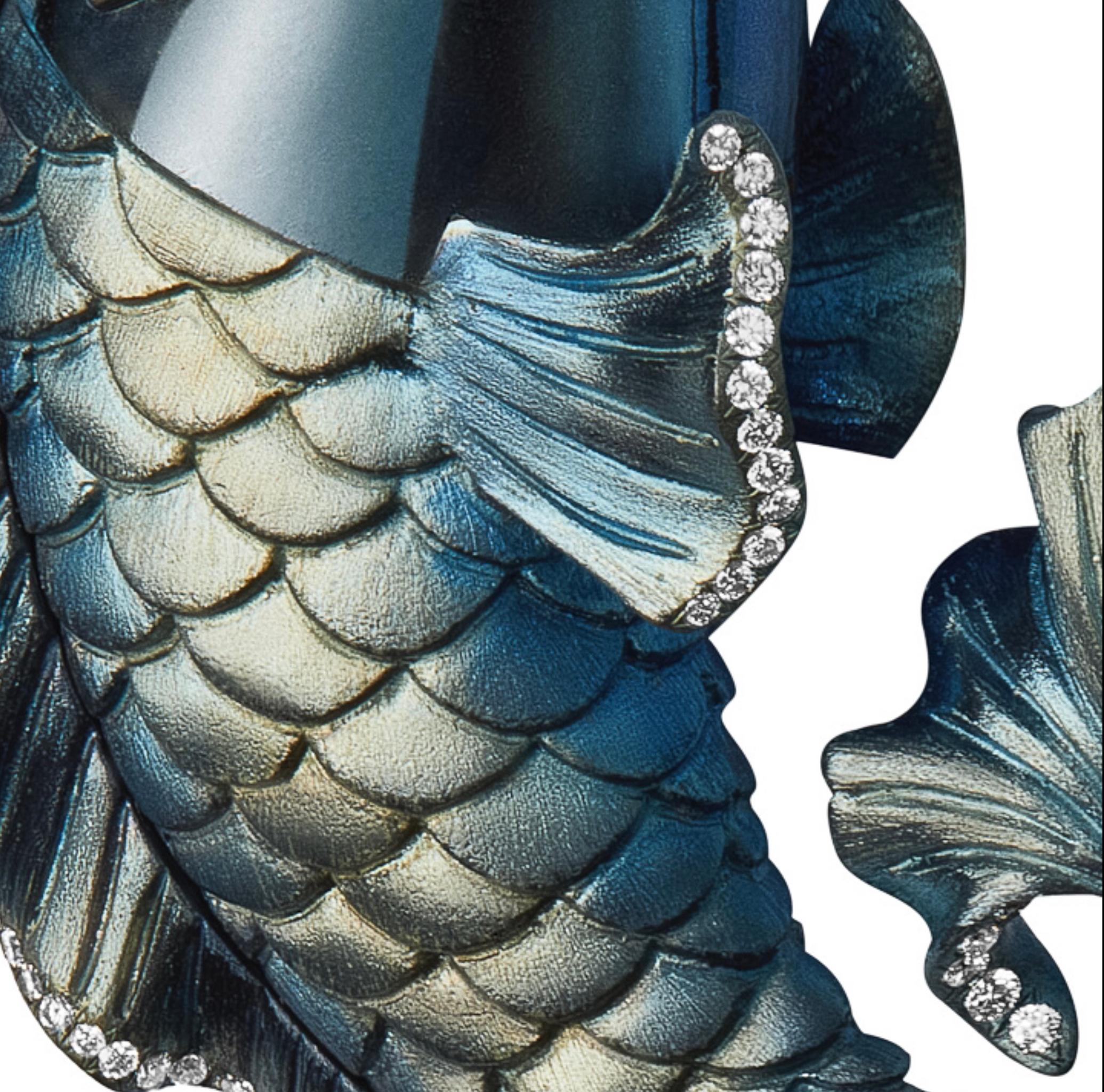 Round Cut Titanium, 18 Karat Gold, Diamonds and Natural Pearls Chinese Dragon Carp Pendant For Sale